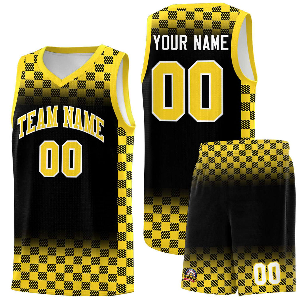 Custom Black Gold Classic Plaid Pattern Sports Uniform Basketball Jersey