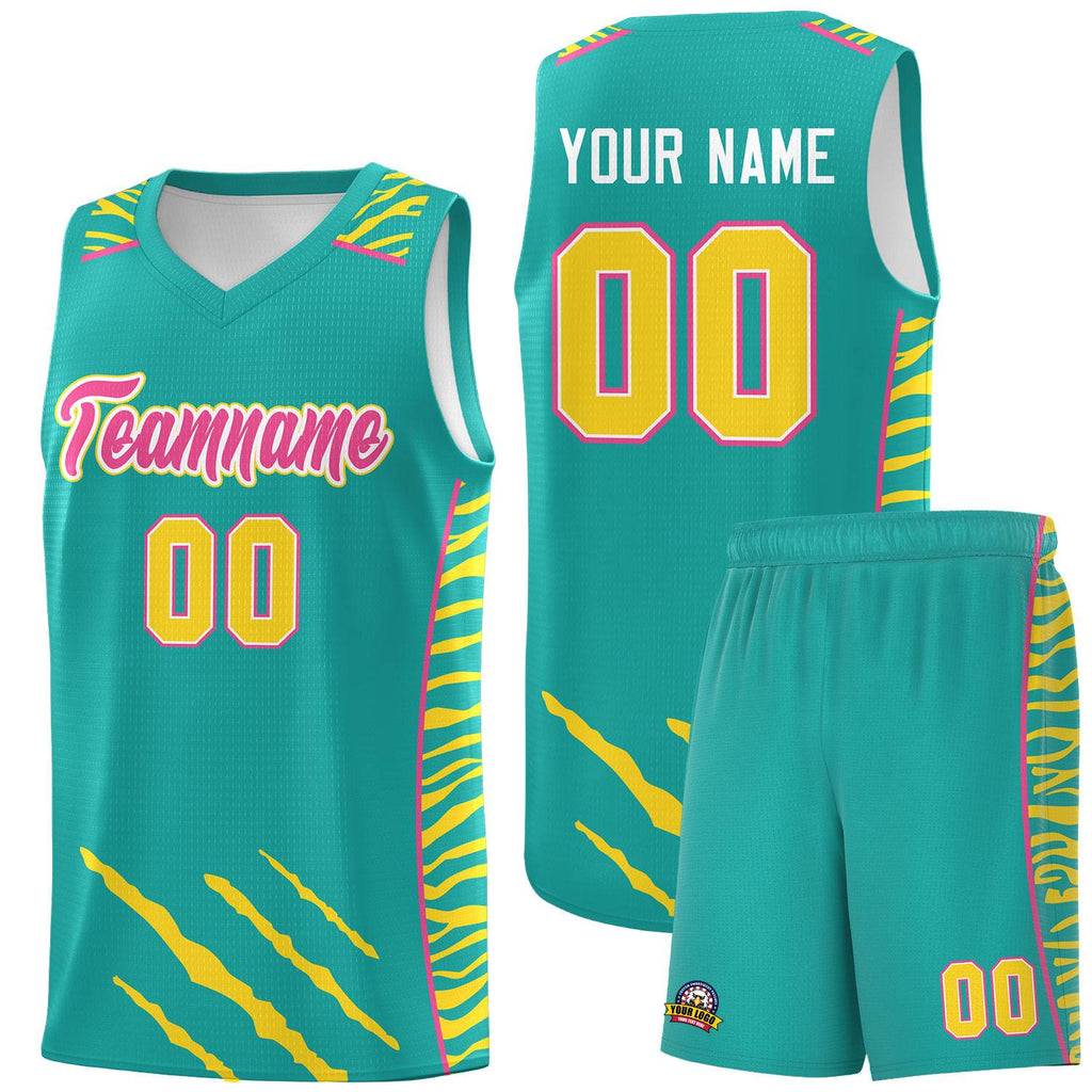 Custom Aqua Personalized Tiger Claw Pattern Sports Uniform Basketball Jersey