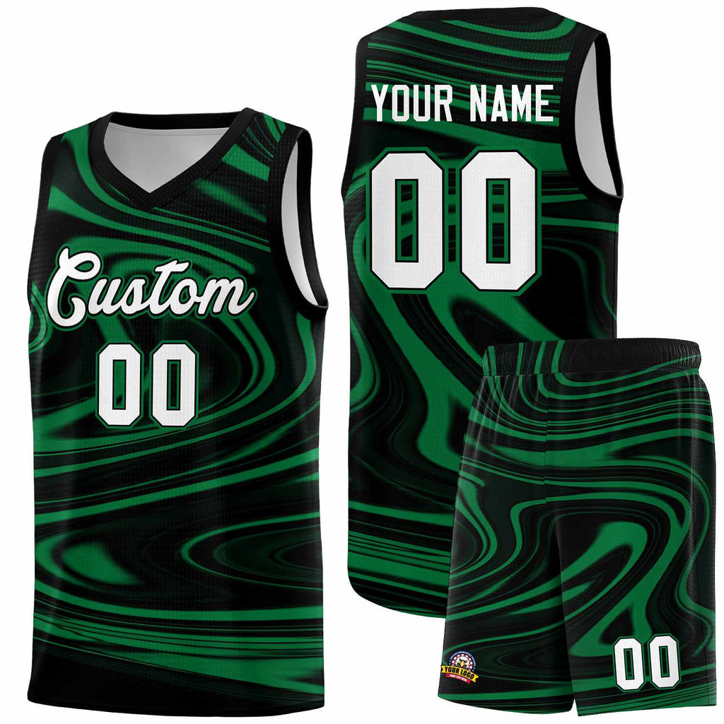Custom Black Kelly Green Graffiti Pattern Fluids Style Sports Uniform Basketball Jersey Sets