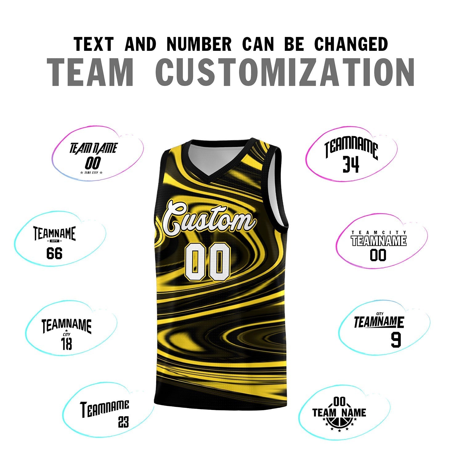 Custom Black Gold Graffiti Pattern Fluids Style Sports Uniform Basketball Jersey Sets