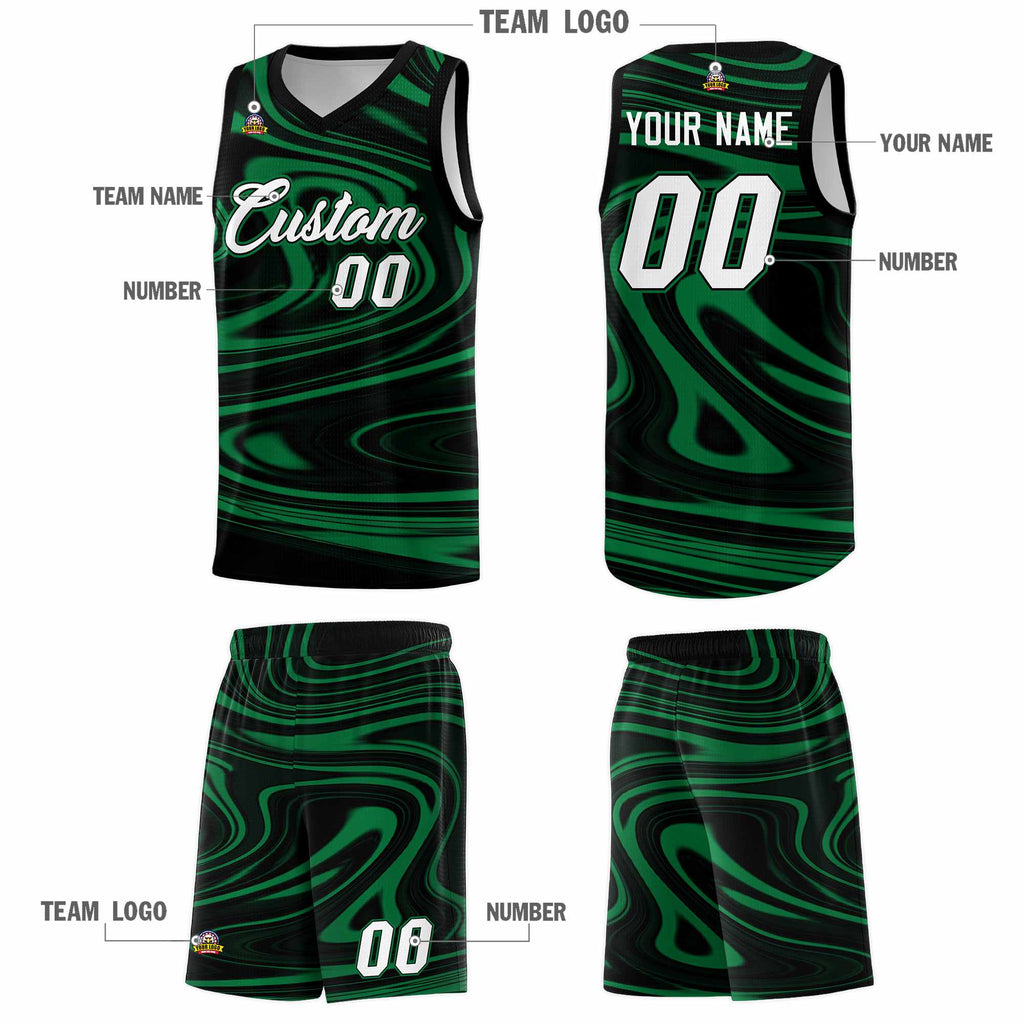 Custom Black Kelly Green Graffiti Pattern Fluids Style Sports Uniform Basketball Jersey Sets