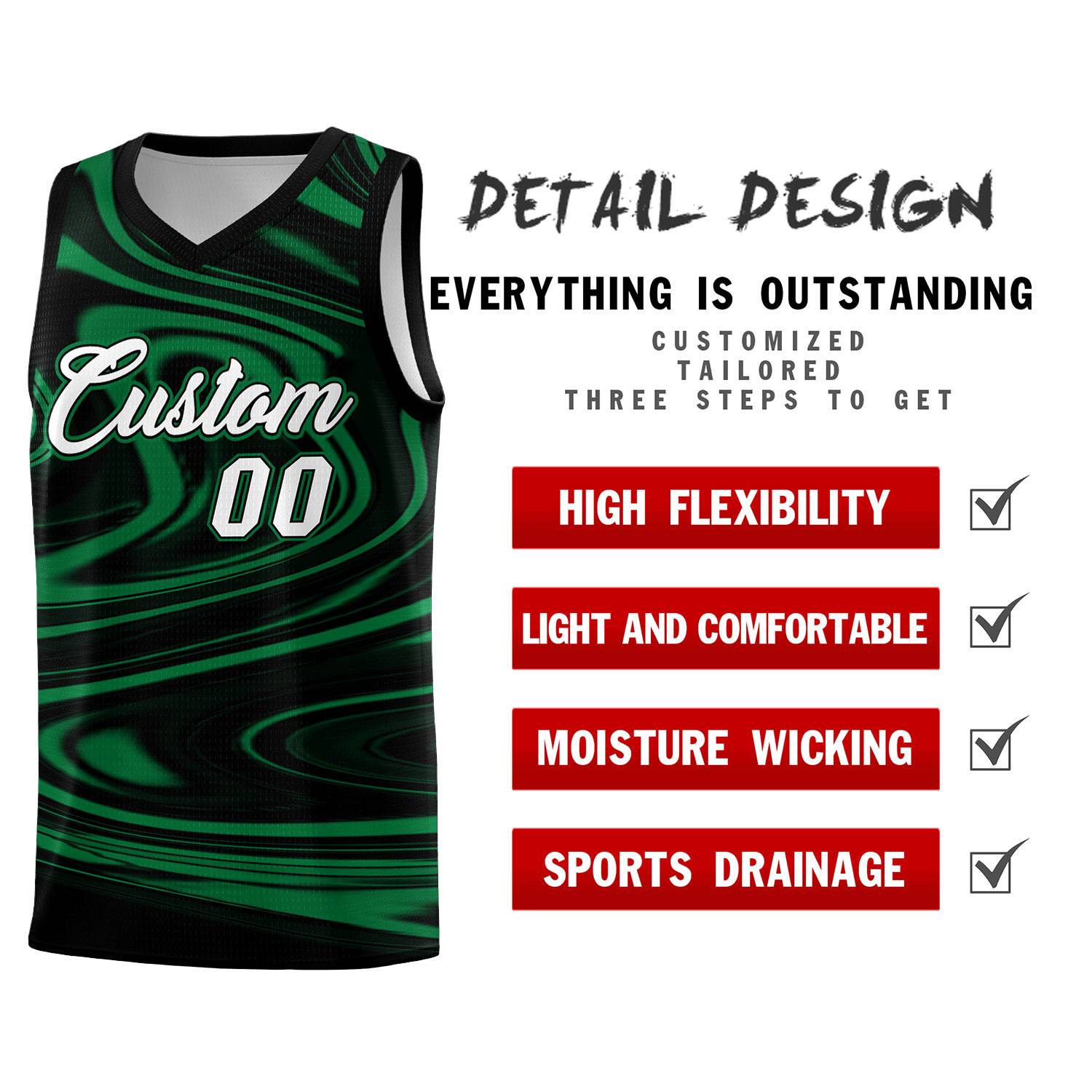 Custom Black Kelly Green Graffiti Pattern Fluids Style Sports Uniform Basketball Jersey Sets