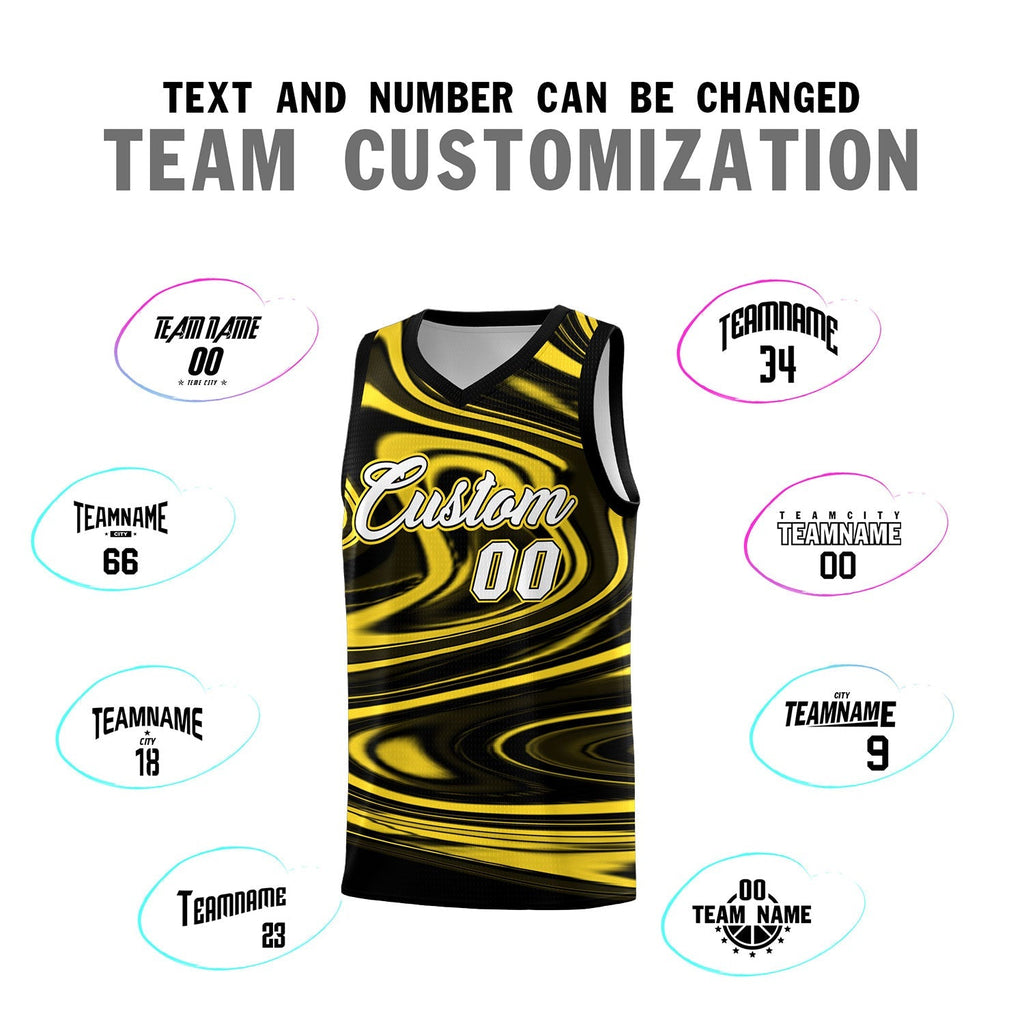 Custom Black Gold Graffiti Pattern Fluids Style Sports Uniform Basketball Jersey Sets