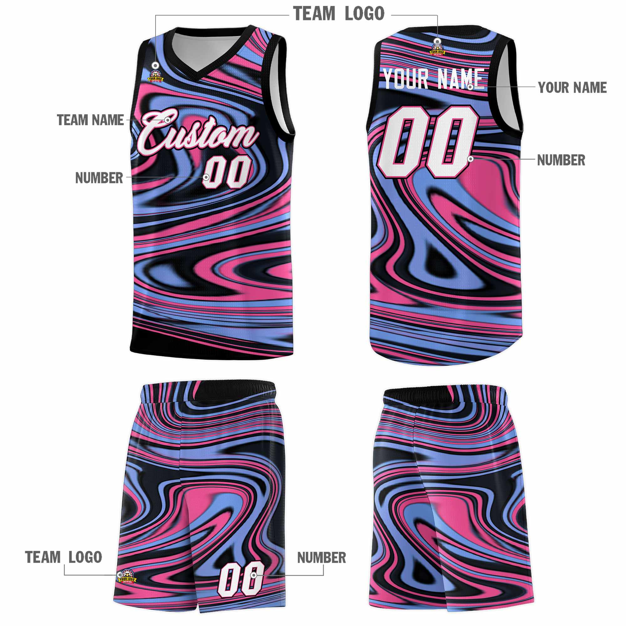 Custom Black Light Blue Graffiti Pattern Fluids Style Sports Uniform Basketball Jersey Sets