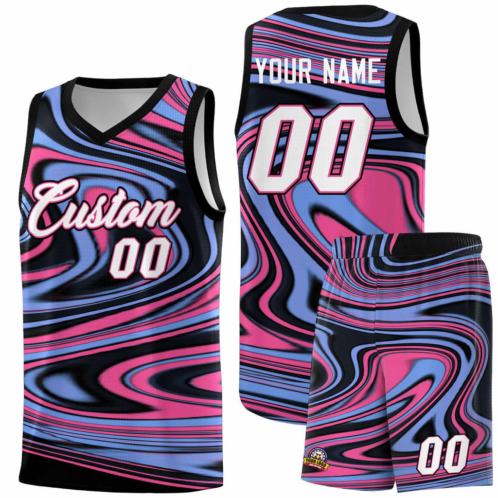 Custom Black Light Blue Graffiti Pattern Fluids Style Sports Uniform Basketball Jersey Sets