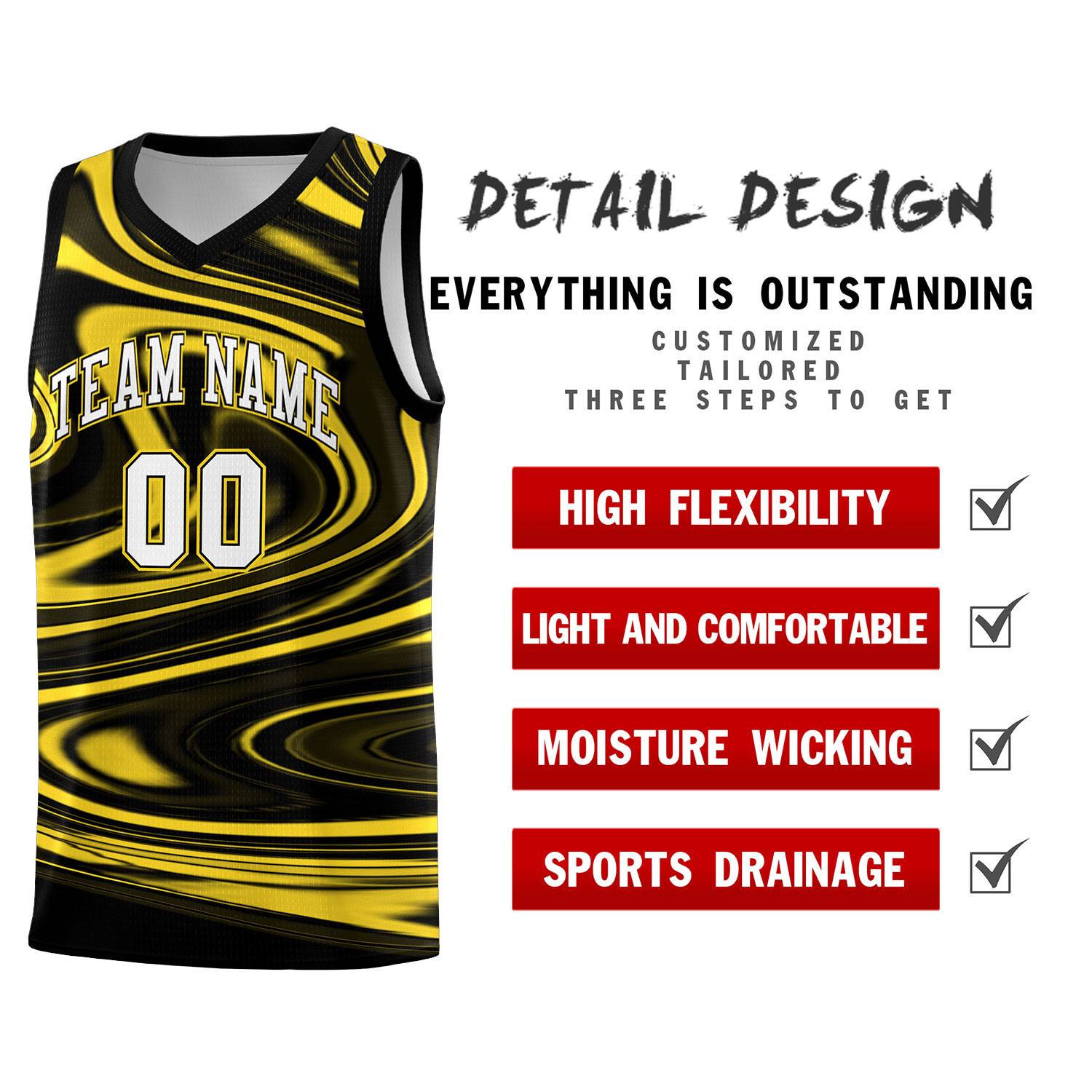 Custom Black Gold Graffiti Pattern Fluids Style Sports Uniform Basketball Jersey Sets