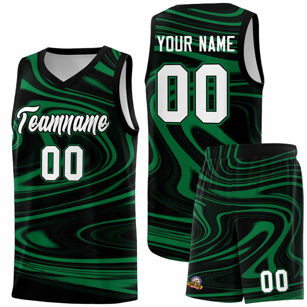 Custom Black Kelly Green Graffiti Pattern Fluids Style Sports Uniform Basketball Jersey Sets