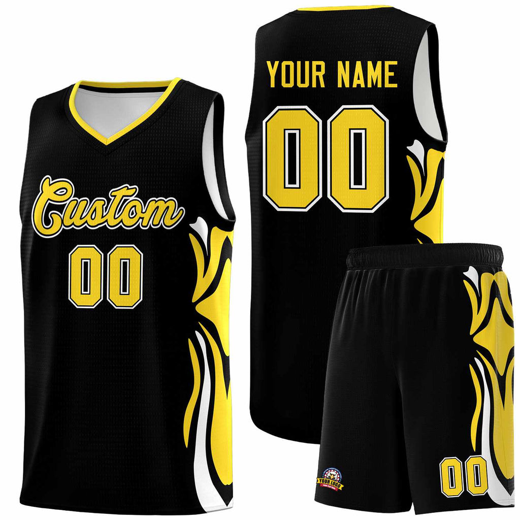Custom Black Gold-White Graffiti Pattern Side Curve Pattern Sports Uniform Basketball Jersey Sets