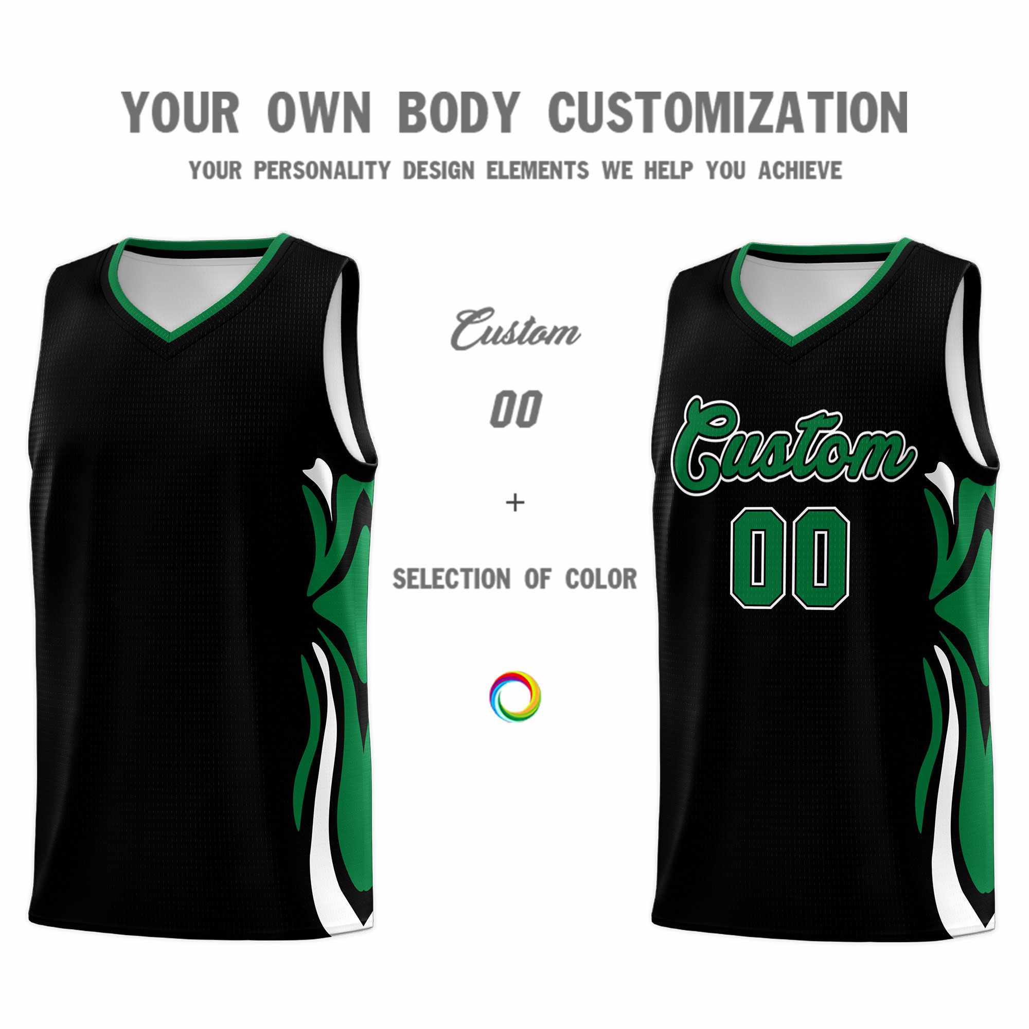 Custom Black Kelly Green-White Graffiti Pattern Side Curve Pattern Sports Uniform Basketball Jersey Sets