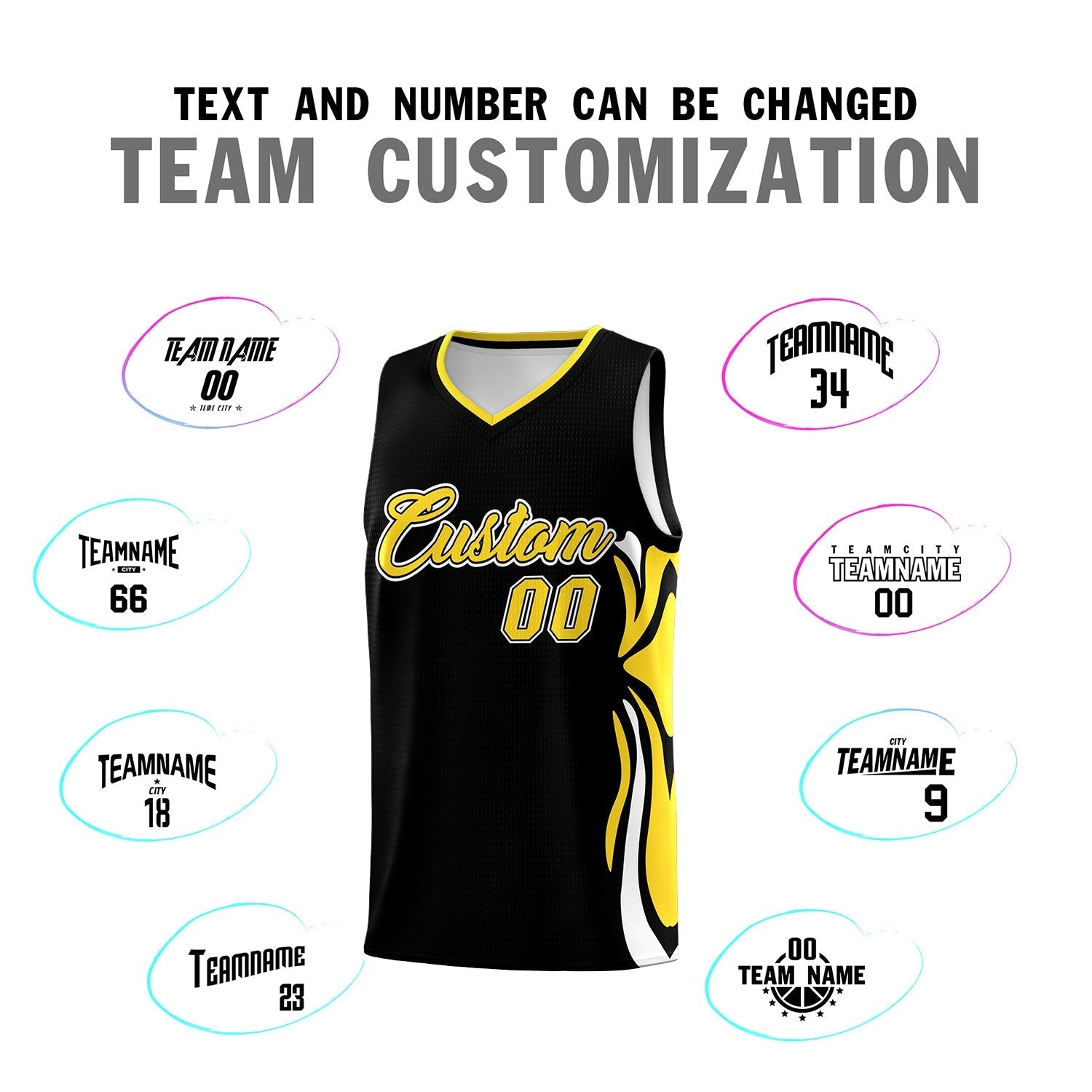 Custom Black Gold-White Graffiti Pattern Side Curve Pattern Sports Uniform Basketball Jersey Sets
