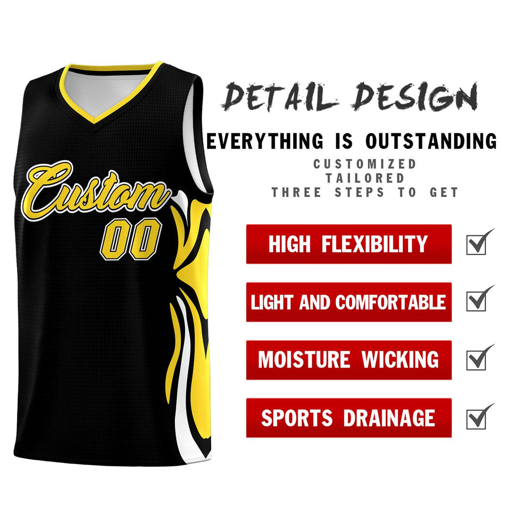 Custom Black Gold-White Graffiti Pattern Side Curve Pattern Sports Uniform Basketball Jersey Sets