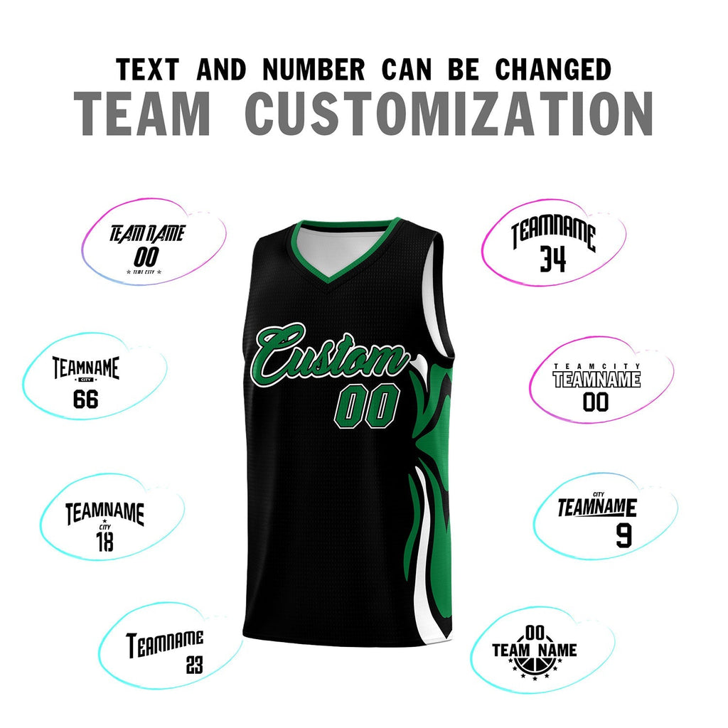 Custom Black Kelly Green-White Graffiti Pattern Side Curve Pattern Sports Uniform Basketball Jersey Sets