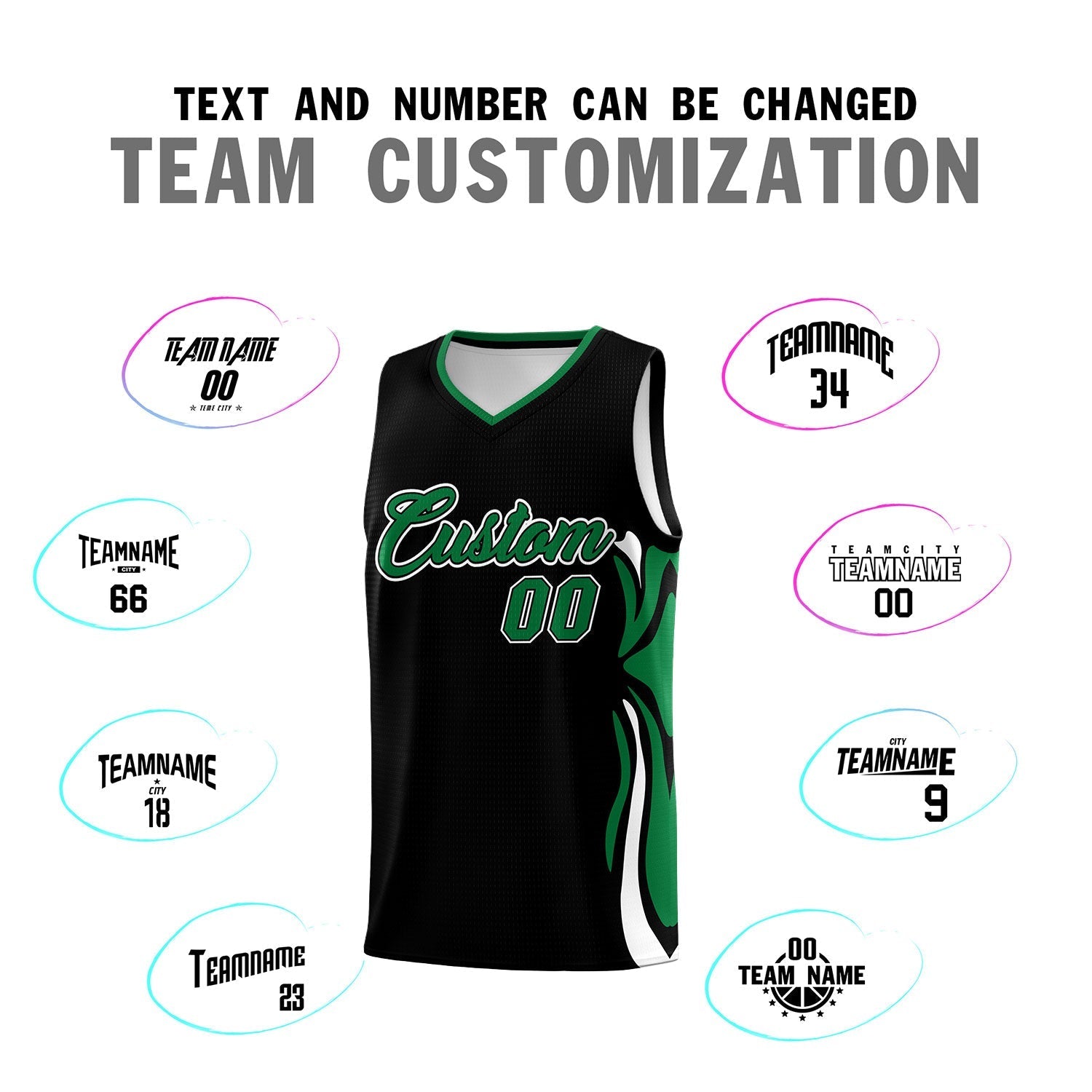Custom Black Kelly Green-White Graffiti Pattern Side Curve Pattern Sports Uniform Basketball Jersey Sets