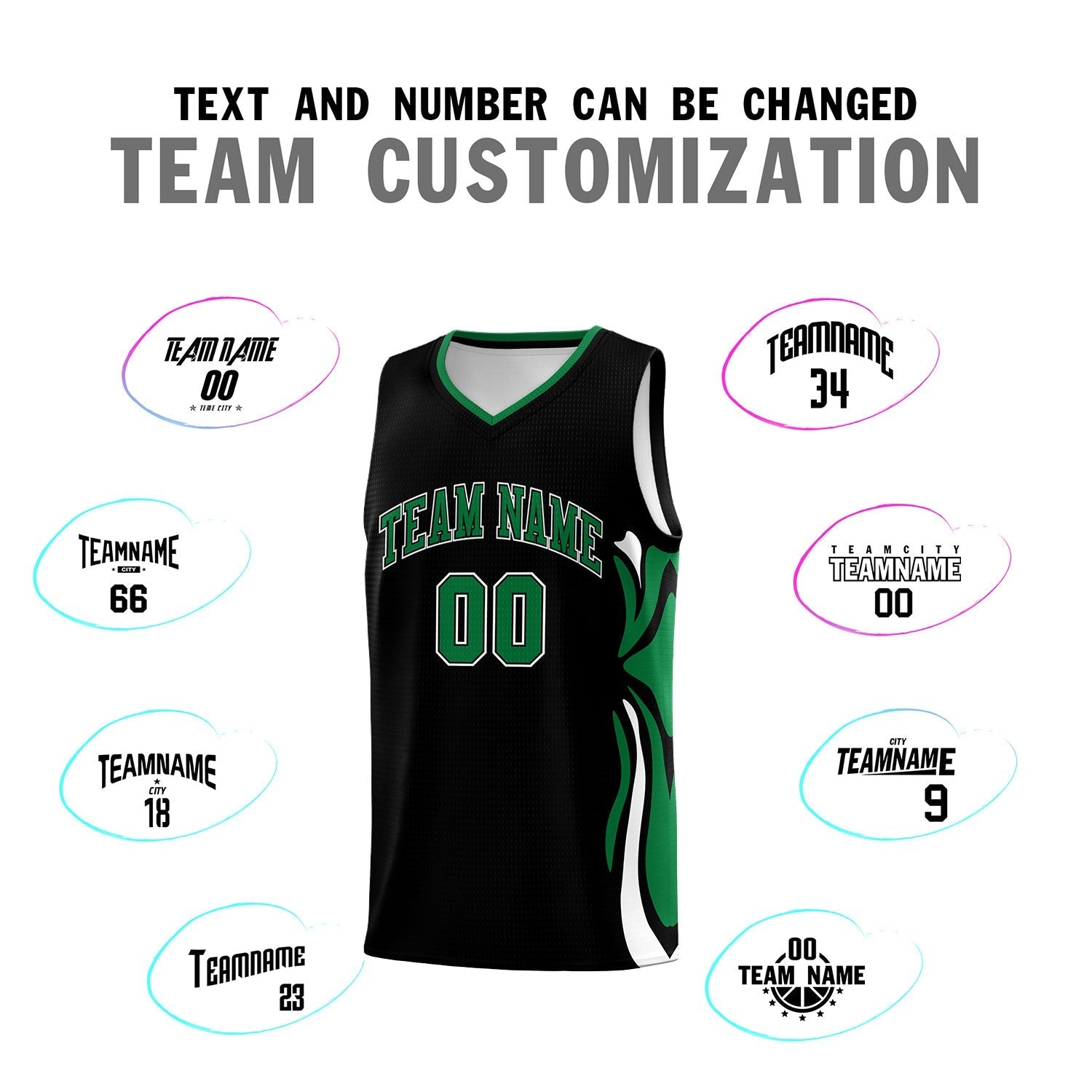 Custom Black Kelly Green-White Graffiti Pattern Side Curve Pattern Sports Uniform Basketball Jersey Sets