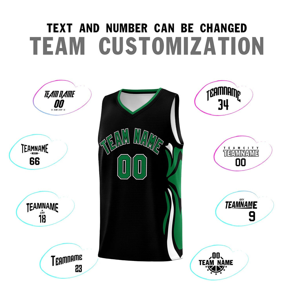 Custom Black Kelly Green-White Graffiti Pattern Side Curve Pattern Sports Uniform Basketball Jersey Sets