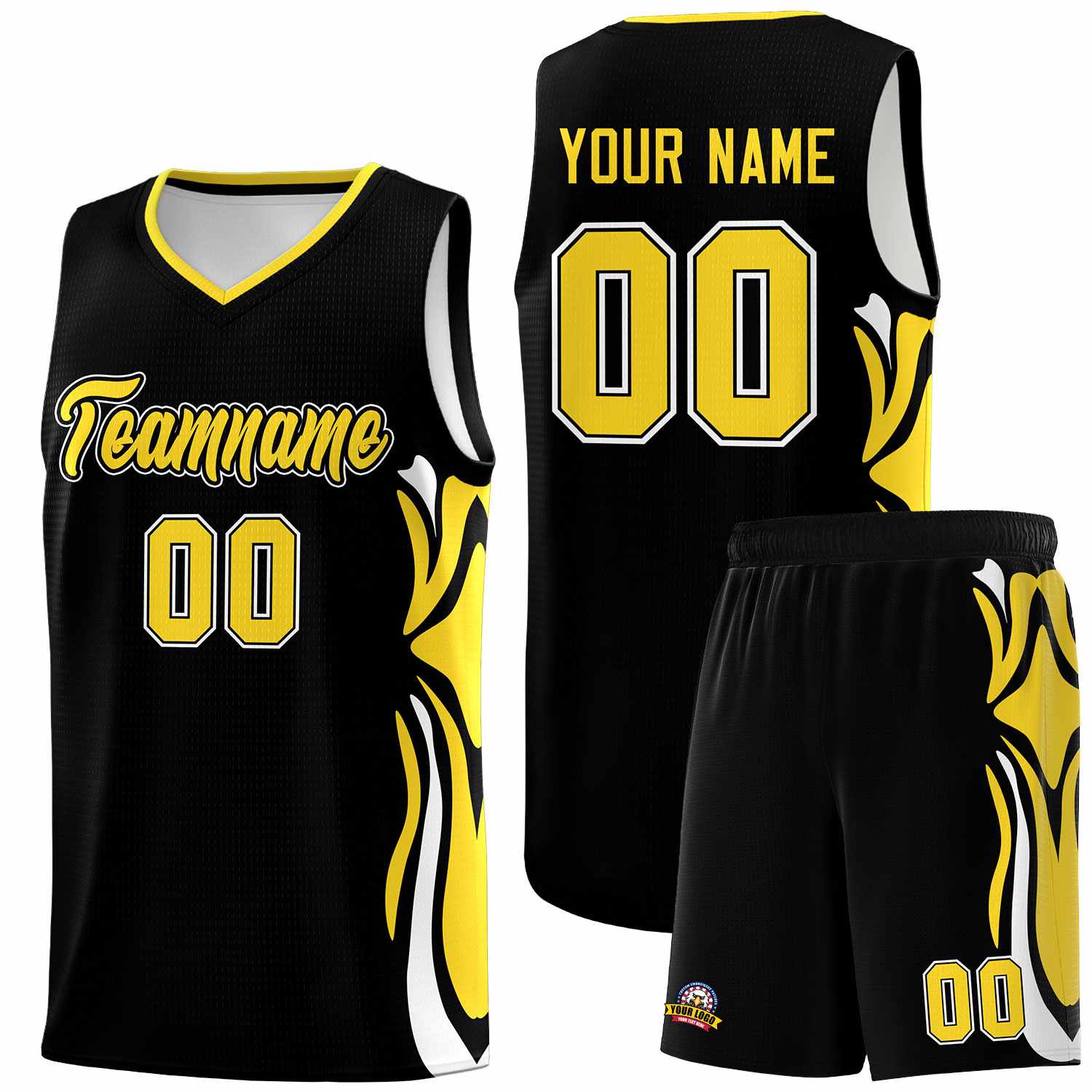 Custom Black Gold-White Graffiti Pattern Side Curve Pattern Sports Uniform Basketball Jersey Sets