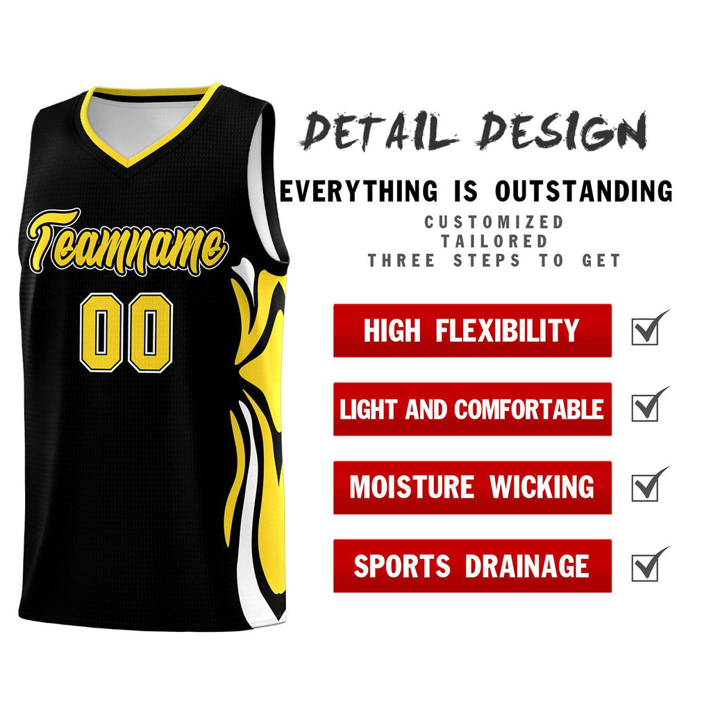 Custom Black Gold-White Graffiti Pattern Side Curve Pattern Sports Uniform Basketball Jersey Sets