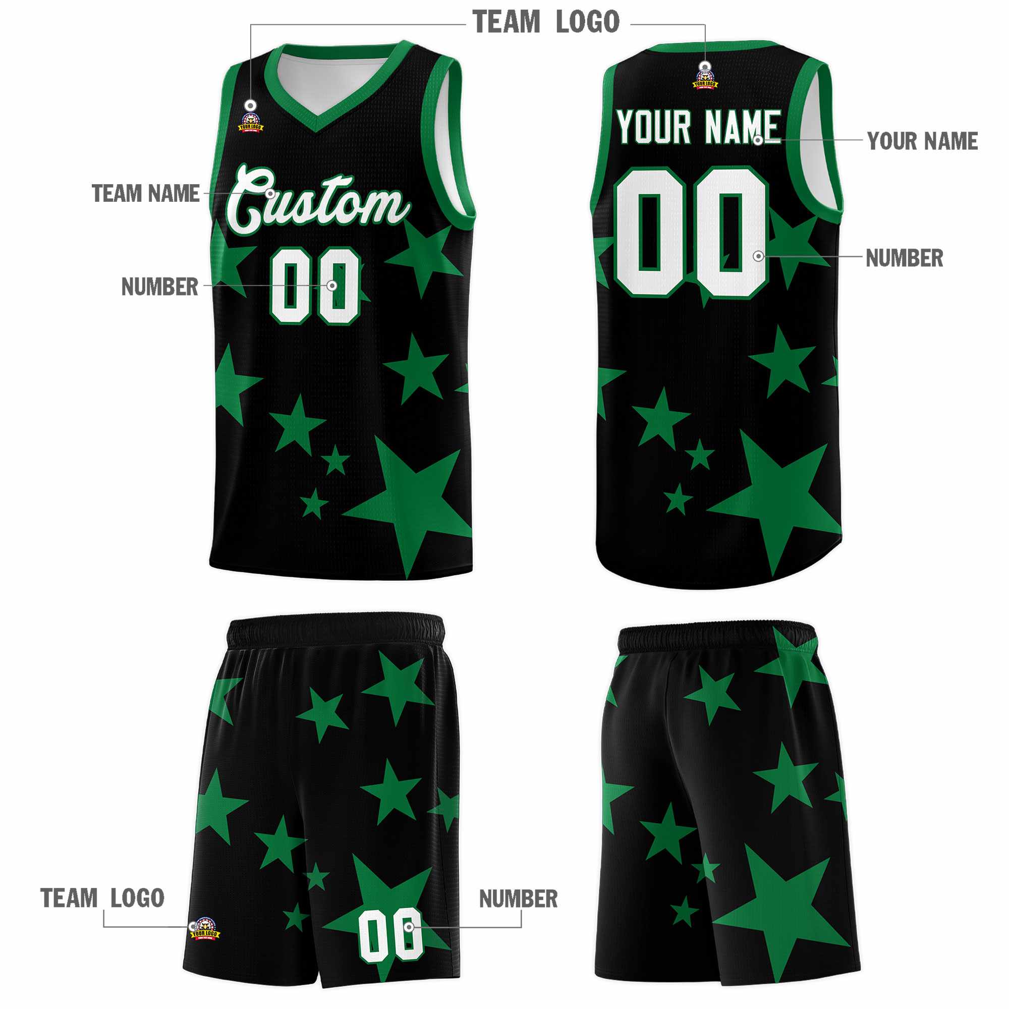 Custom Black Kelly Green Graffiti Pattern Star Print Basketball Jersey Sets
