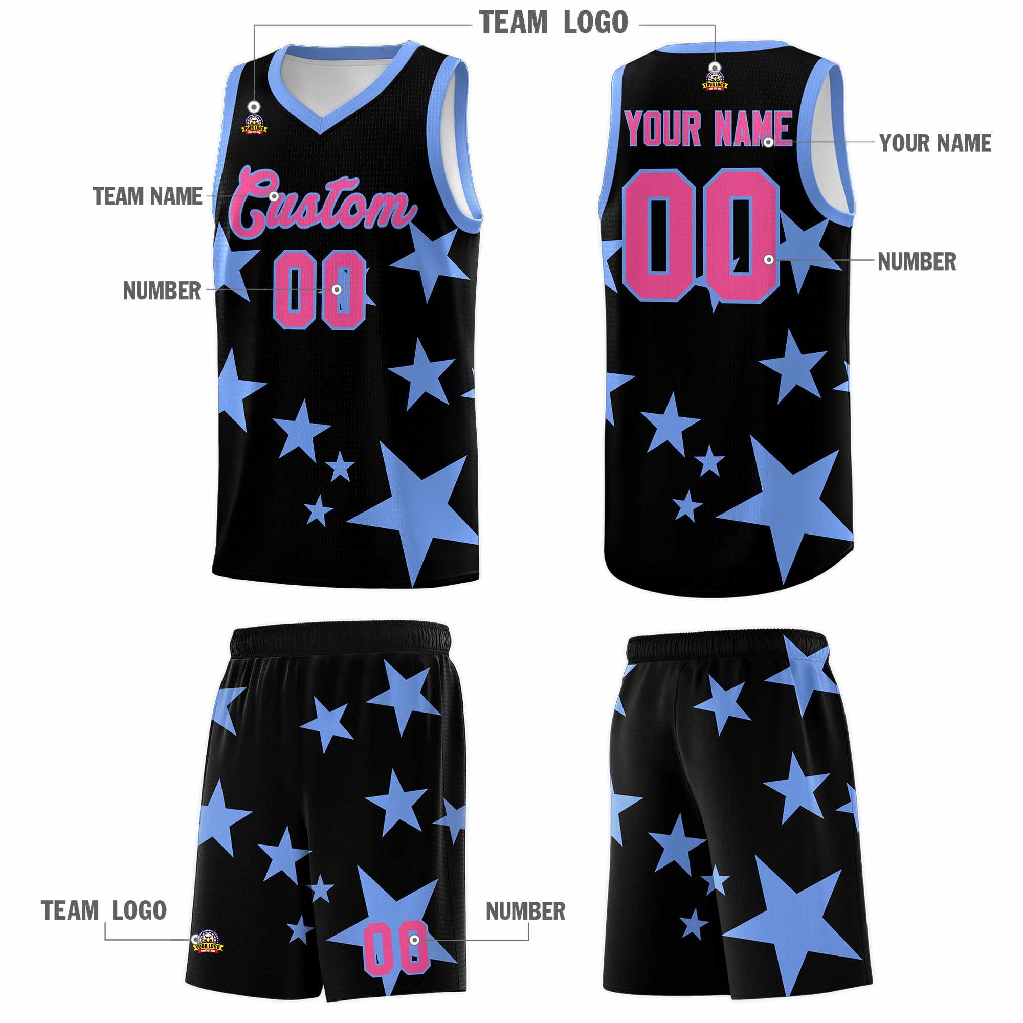 Custom Black Light Blue Graffiti Pattern Star Print Basketball Jersey Sets