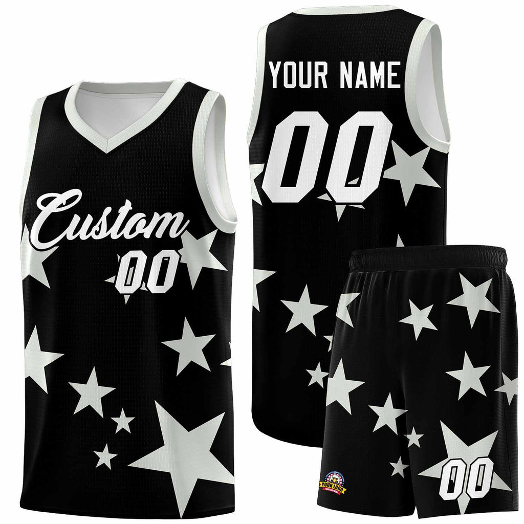 Custom Black Gray Graffiti Pattern Star Print Basketball Jersey Sets