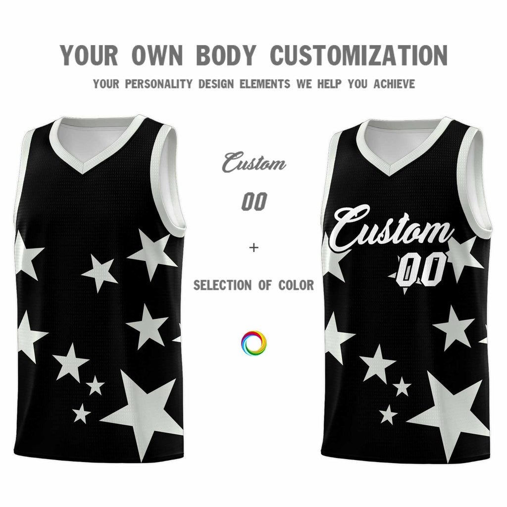 Custom Black Gray Graffiti Pattern Star Print Basketball Jersey Sets
