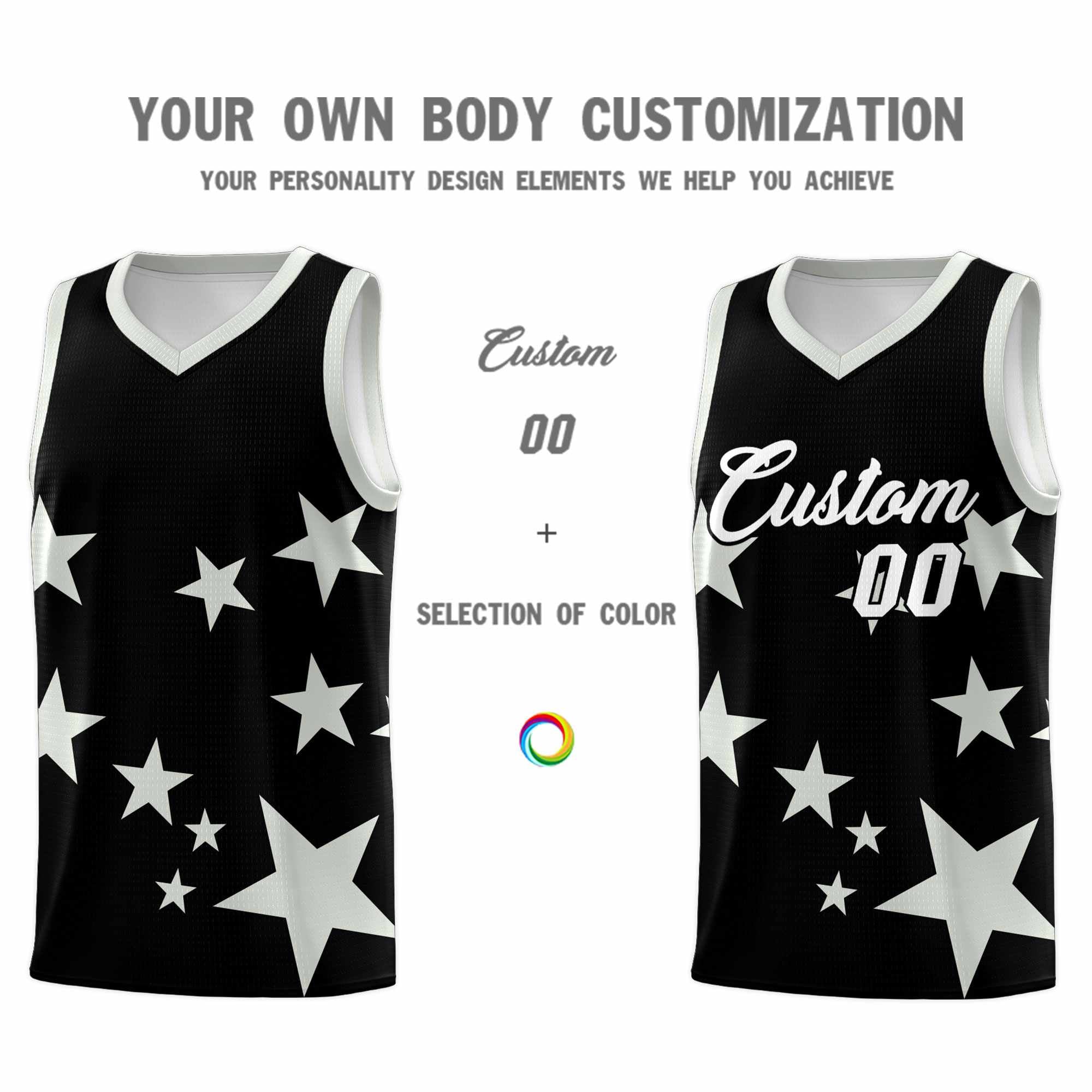 Custom Black Gray Graffiti Pattern Star Print Basketball Jersey Sets