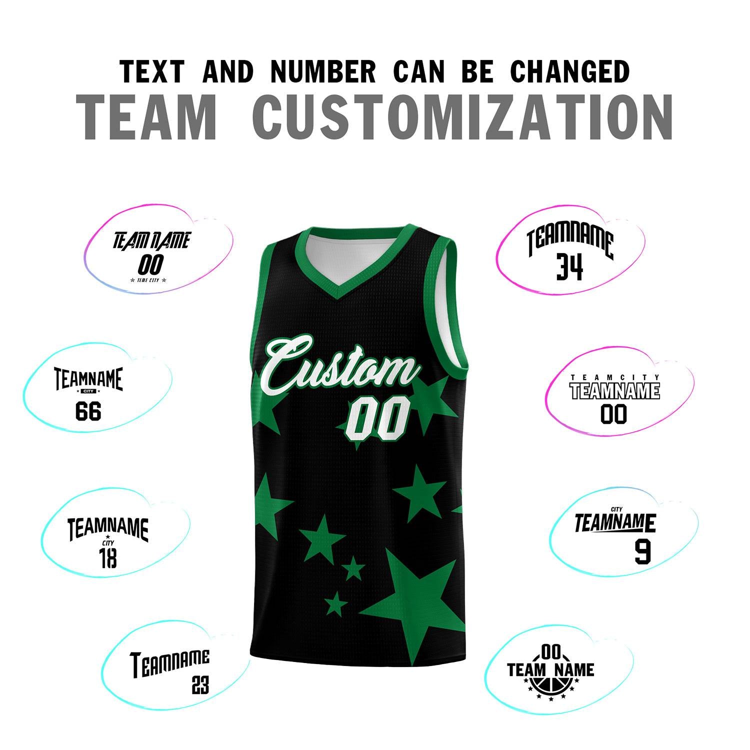 Custom Black Kelly Green Graffiti Pattern Star Print Basketball Jersey Sets
