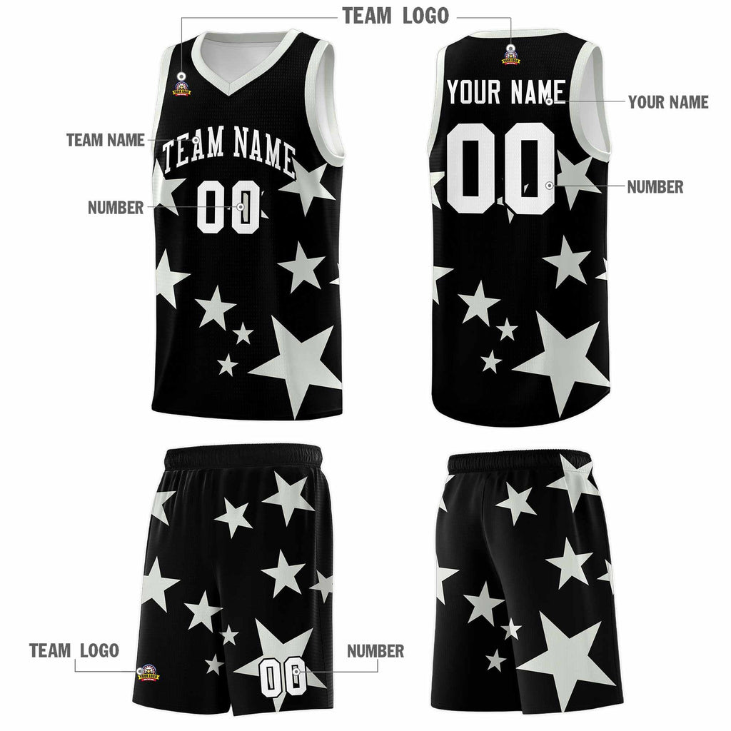 Custom Black Gray Graffiti Pattern Star Print Basketball Jersey Sets