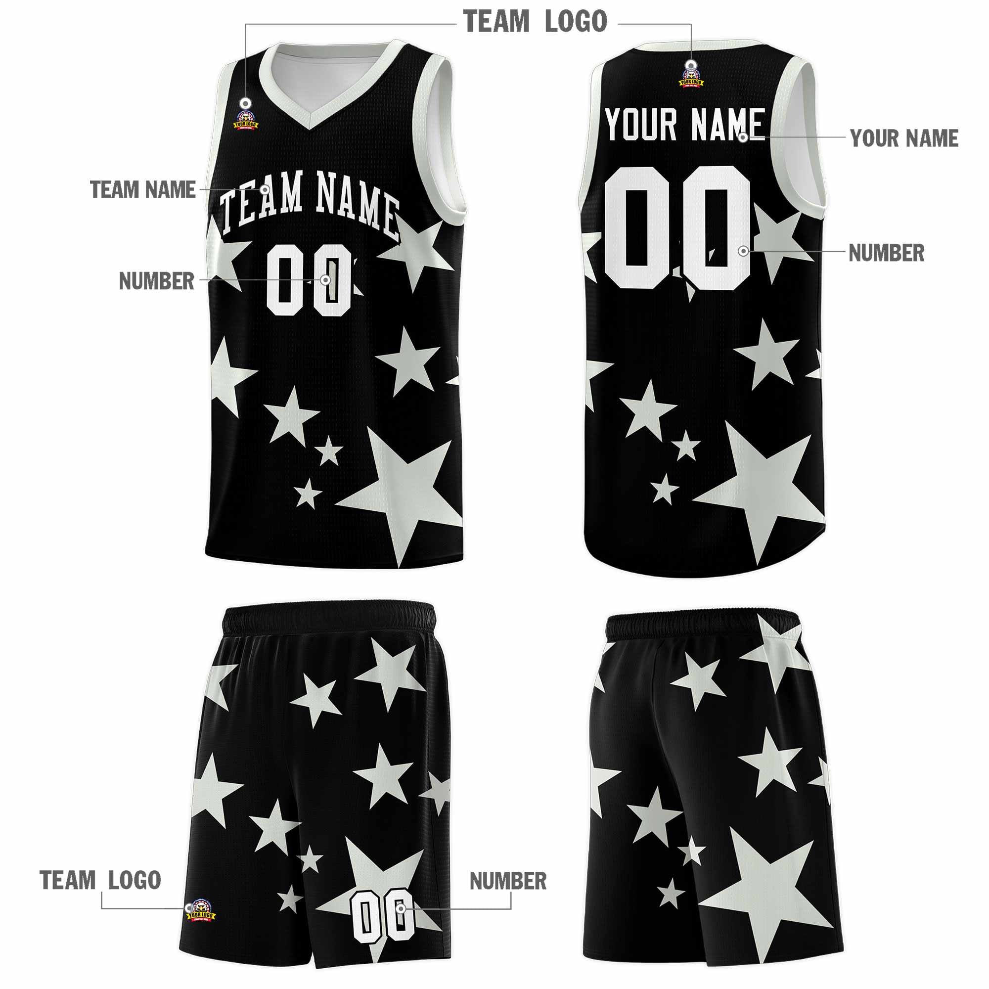Custom Black Gray Graffiti Pattern Star Print Basketball Jersey Sets
