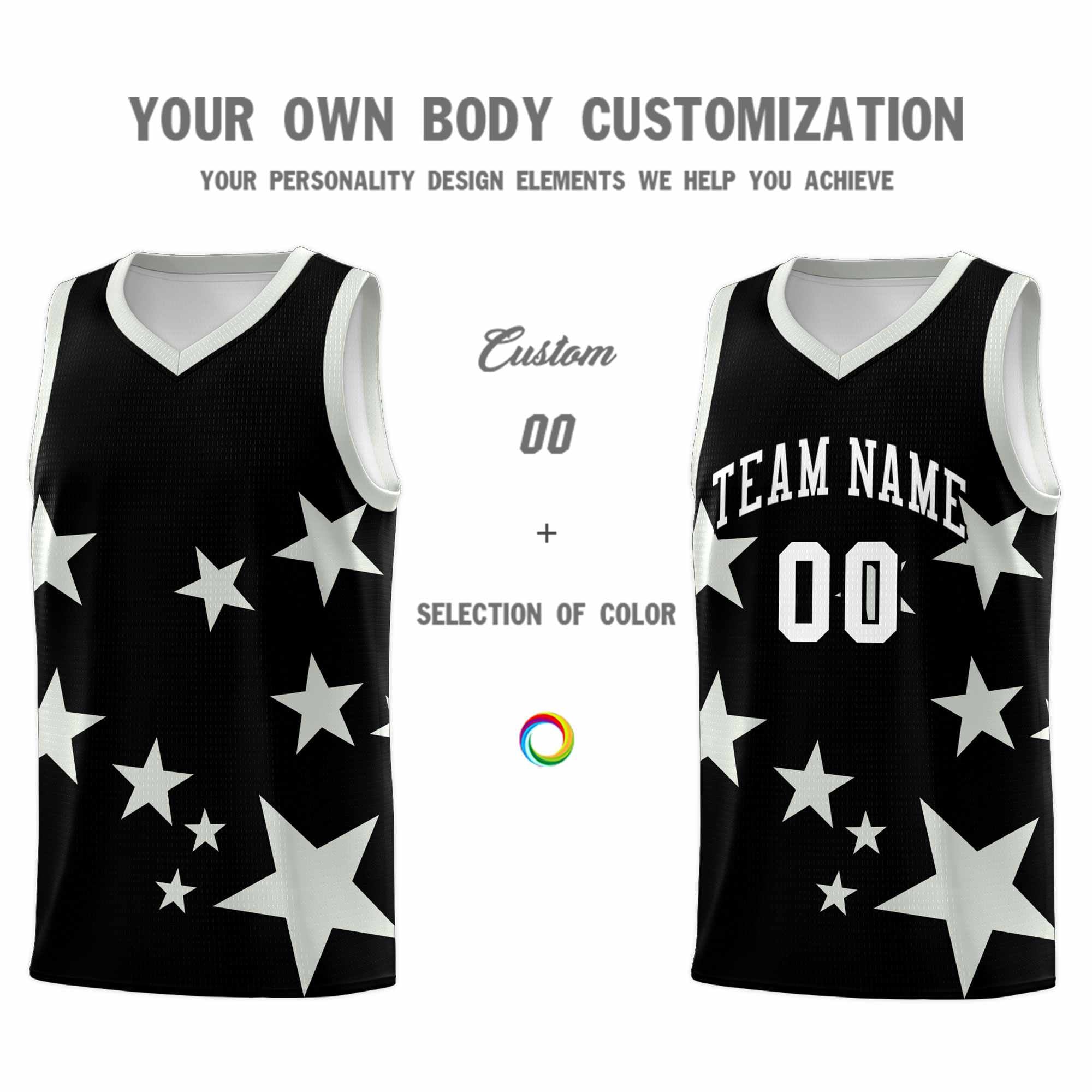 Custom Black Gray Graffiti Pattern Star Print Basketball Jersey Sets