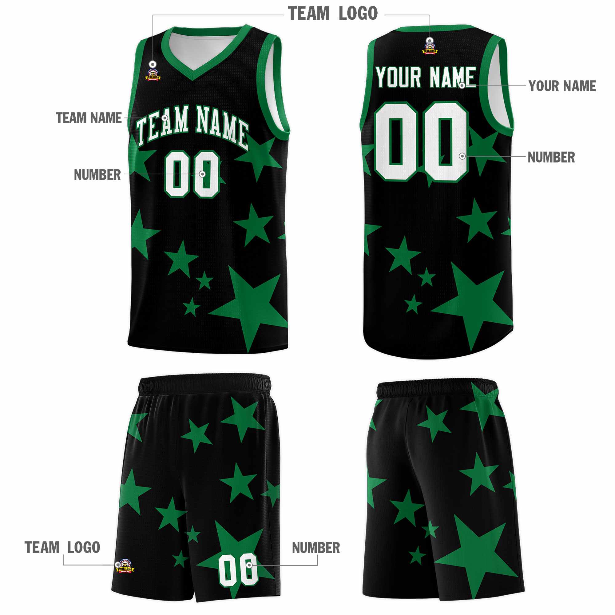 Custom Black Kelly Green Graffiti Pattern Star Print Basketball Jersey Sets