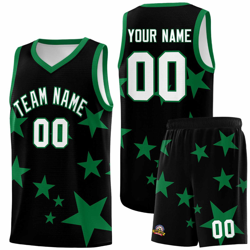 Custom Black Kelly Green Graffiti Pattern Star Print Basketball Jersey Sets