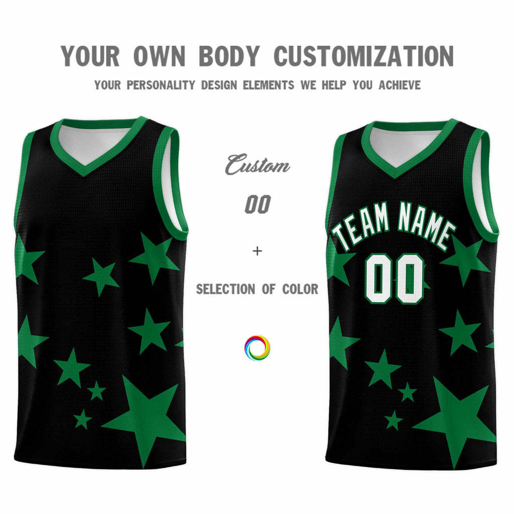 Custom Black Kelly Green Graffiti Pattern Star Print Basketball Jersey Sets