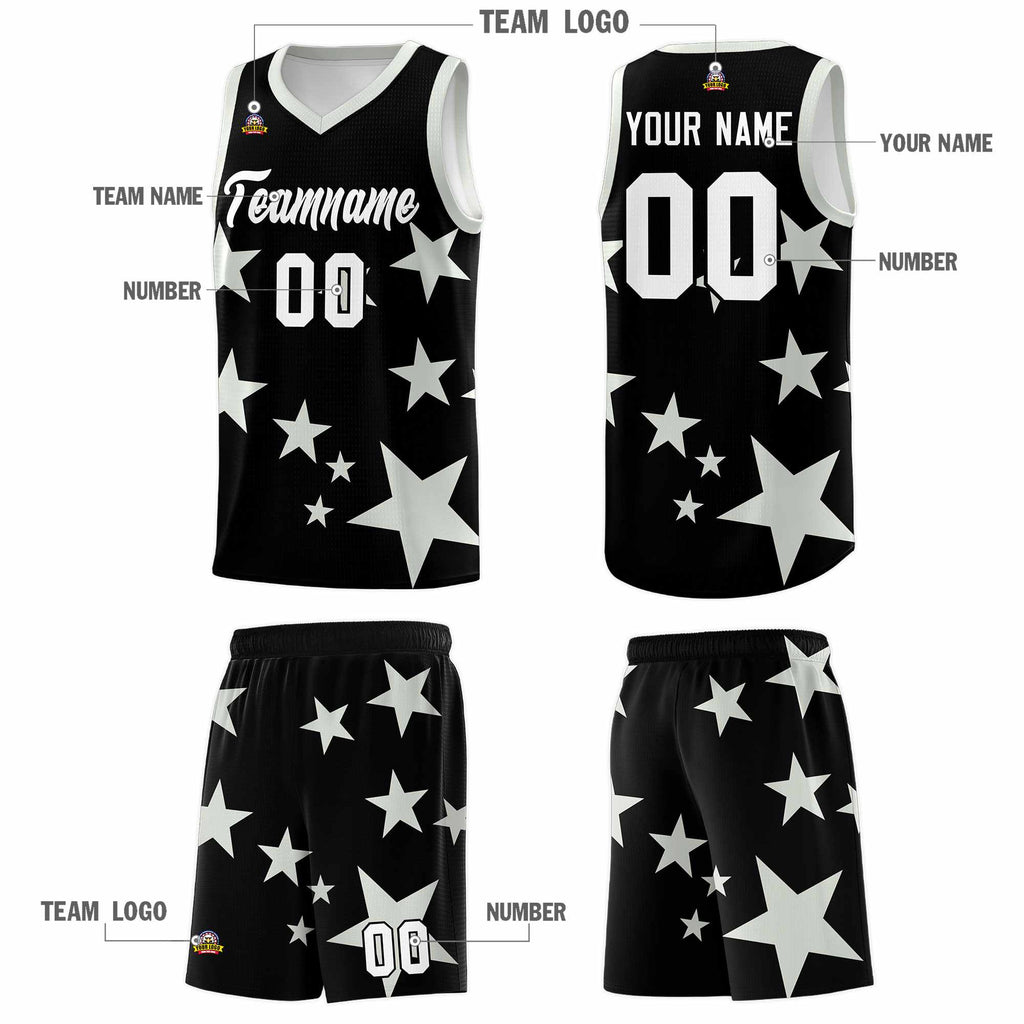 Custom Black Gray Graffiti Pattern Star Print Basketball Jersey Sets