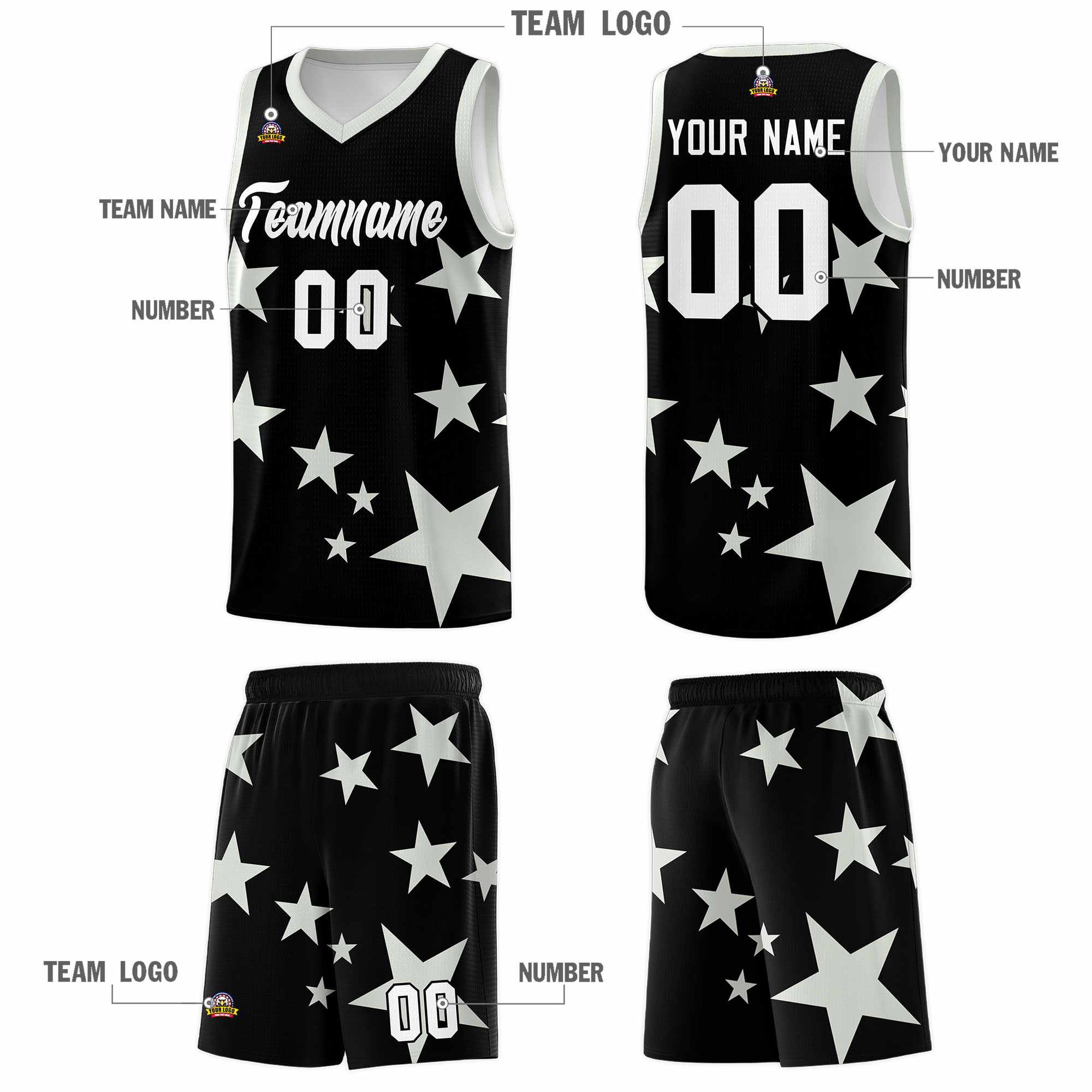 Custom Black Gray Graffiti Pattern Star Print Basketball Jersey Sets