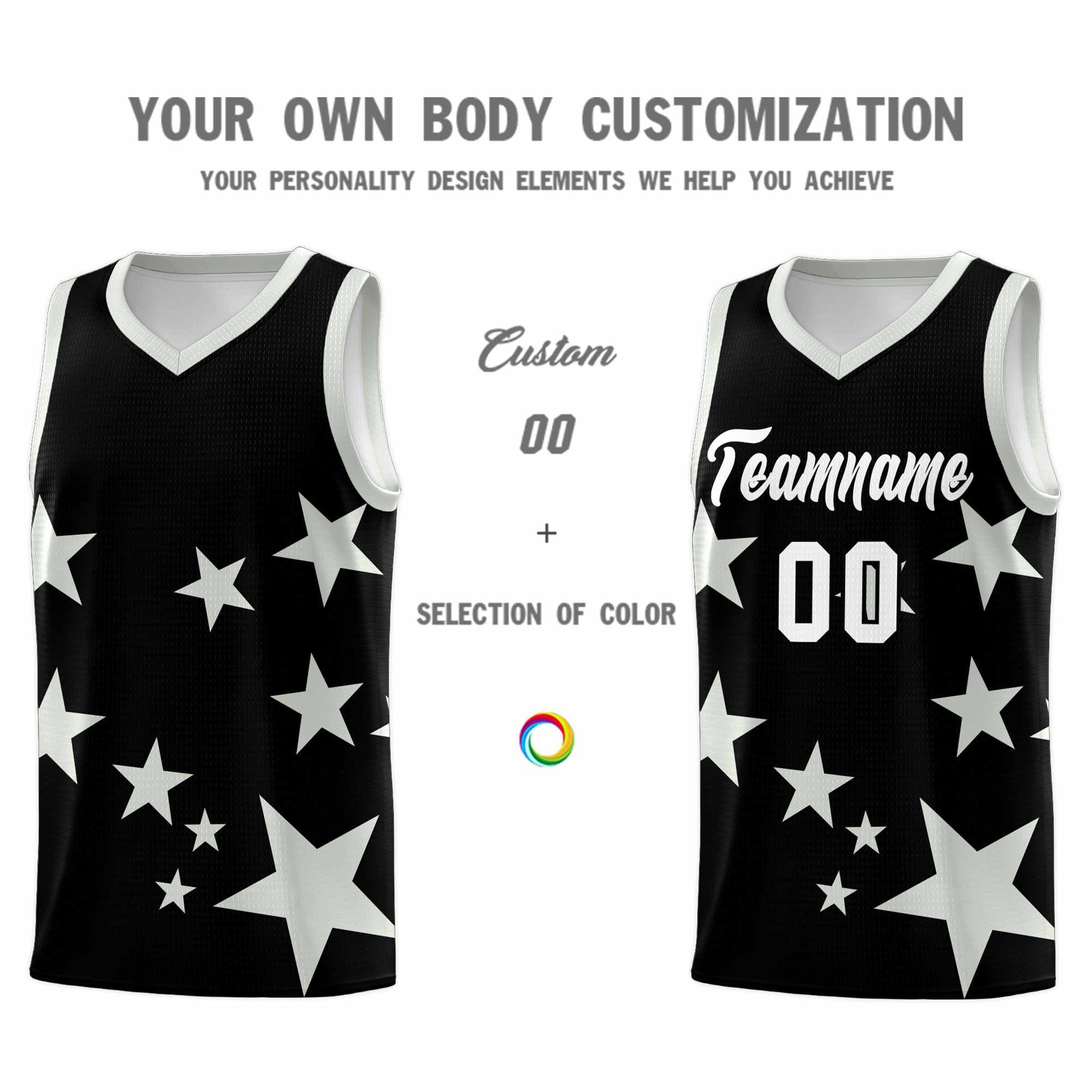 Custom Black Gray Graffiti Pattern Star Print Basketball Jersey Sets