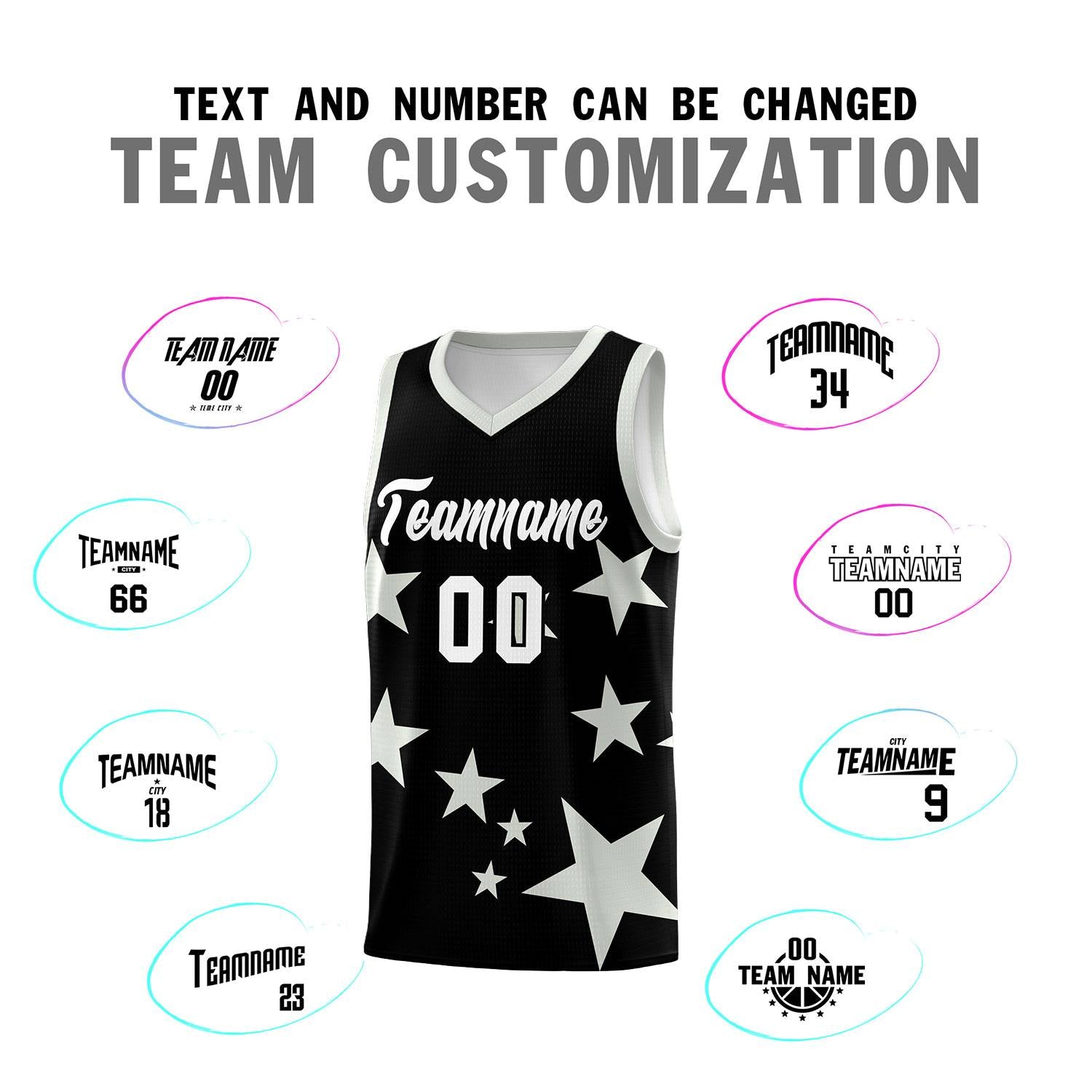 Custom Black Gray Graffiti Pattern Star Print Basketball Jersey Sets
