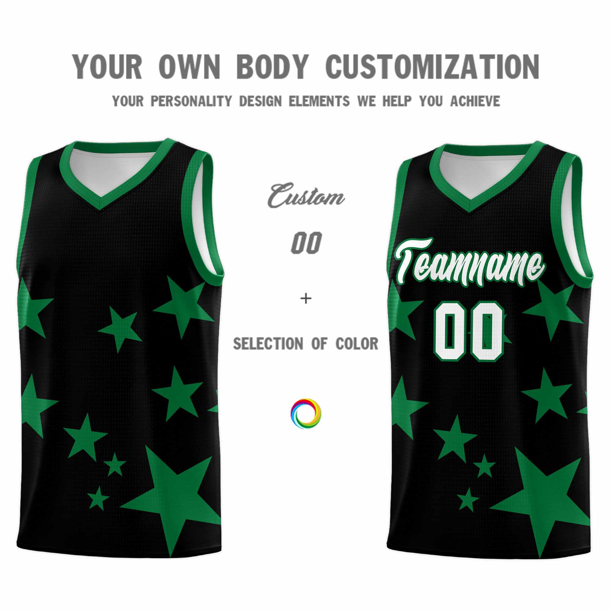 Custom Black Kelly Green Graffiti Pattern Star Print Basketball Jersey Sets