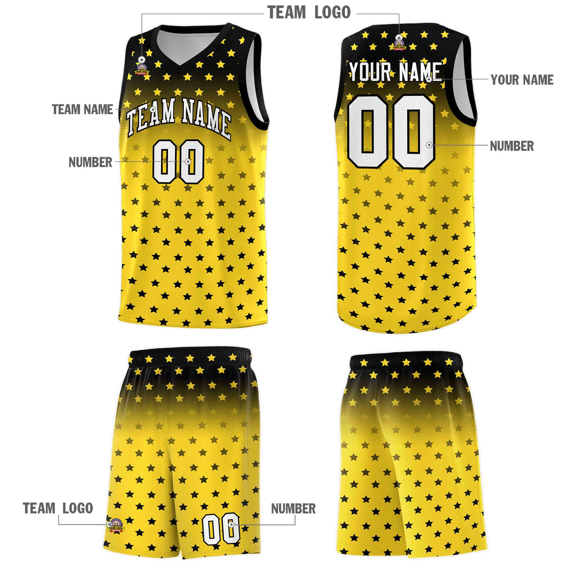Custom Black Gold Gradient Start Pattern Basketball Jersey Sets
