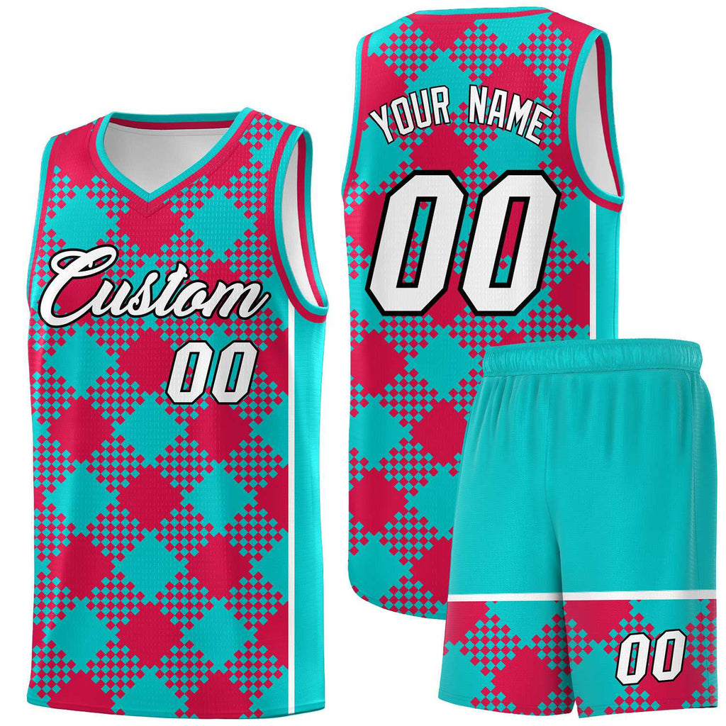 Custom Aqua Red-White Grid Basketball Kits For Team