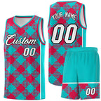 Custom Aqua Red-White Grid Basketball Kits For Team