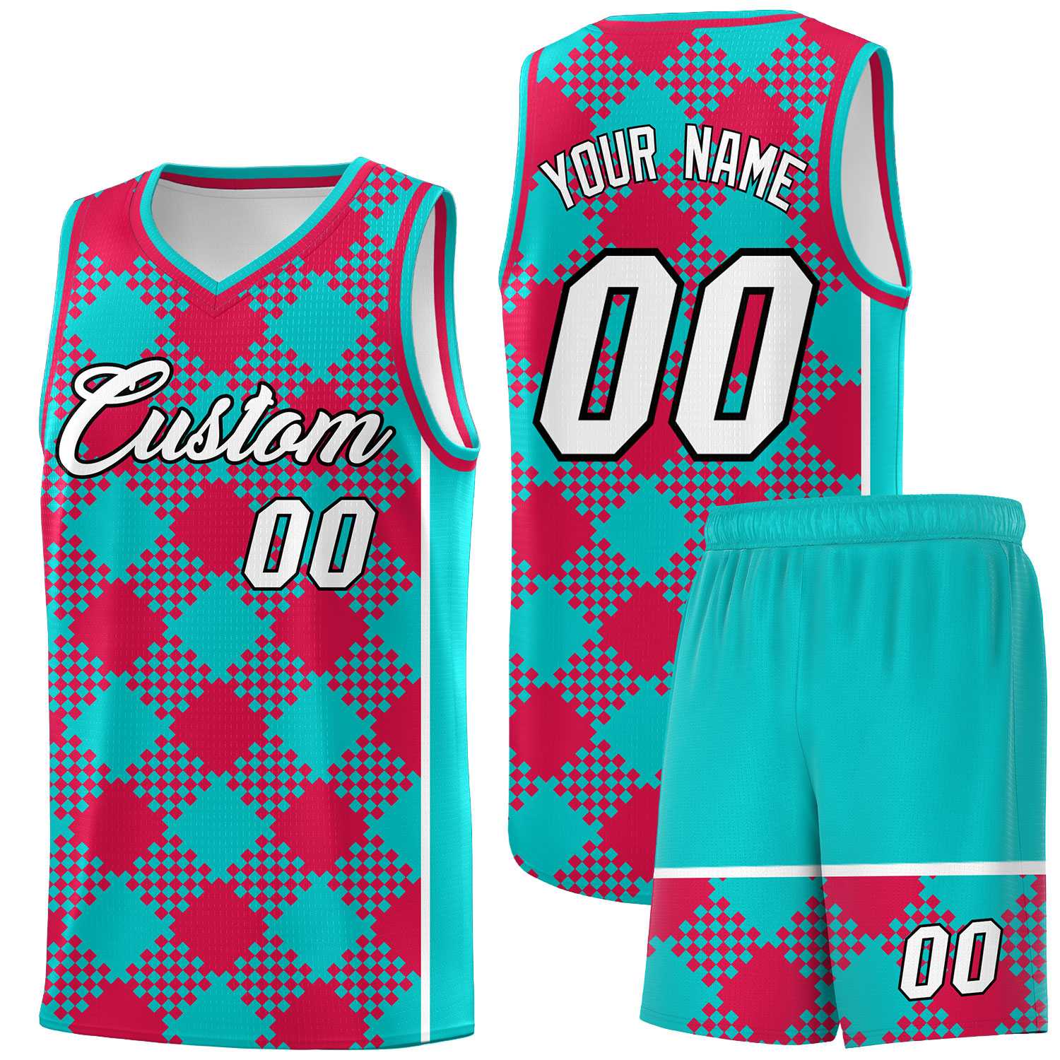 Custom Aqua Red-White Grid Basketball Kits For Team