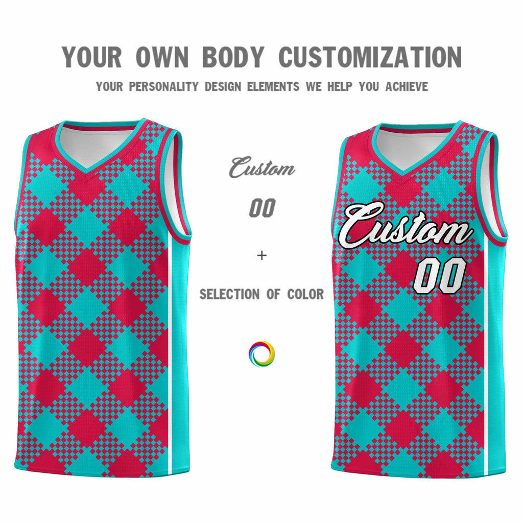 Custom Aqua Red-White Grid Basketball Kits For Team
