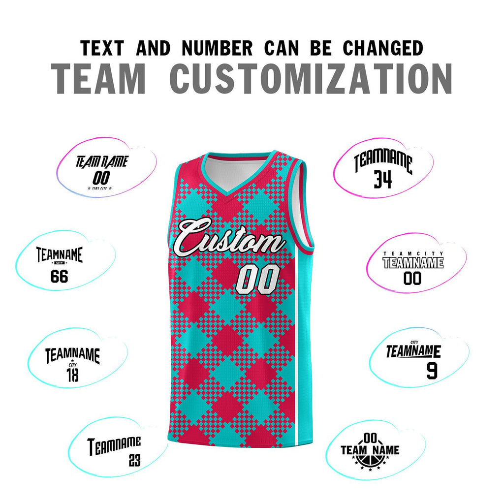 Custom Aqua Red-White Grid Basketball Kits For Team