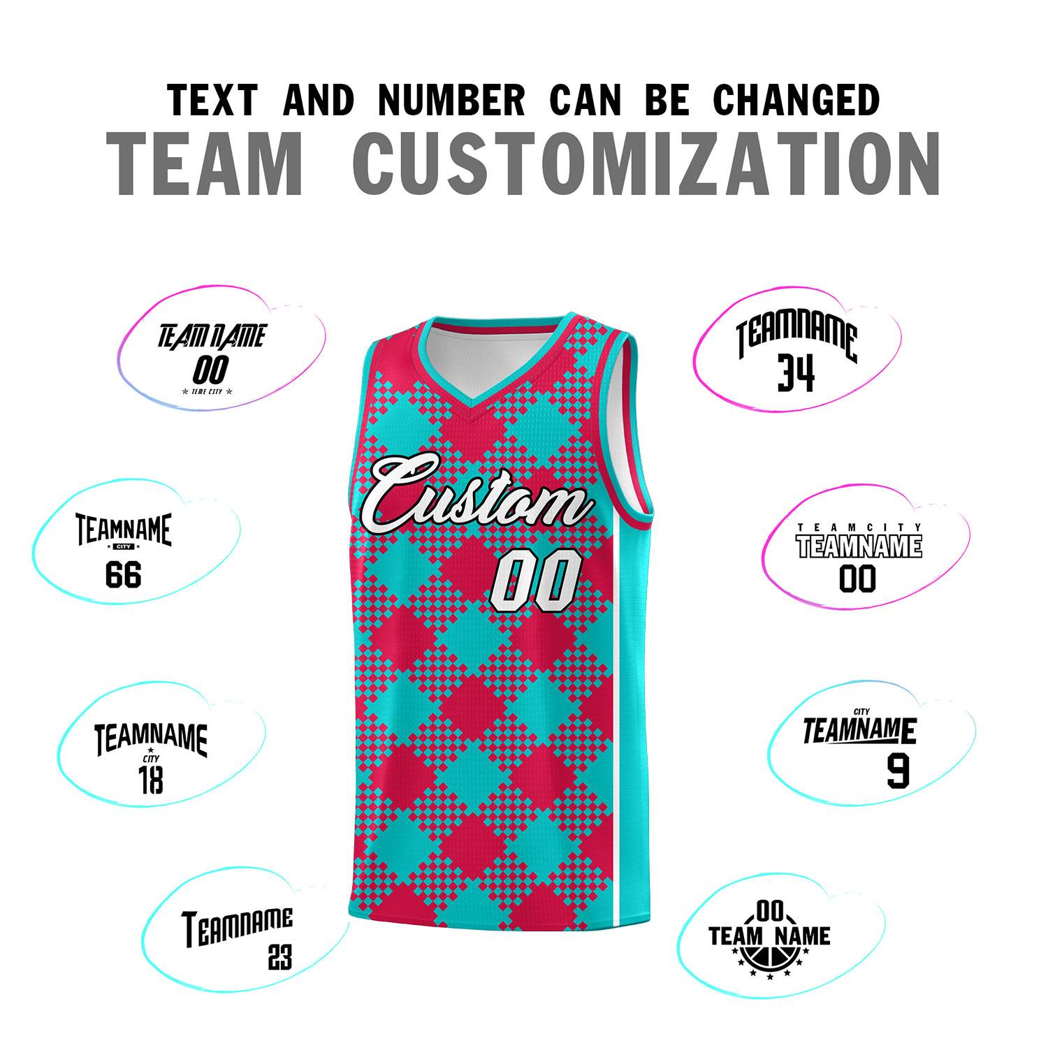 Custom Aqua Red-White Grid Basketball Kits For Team