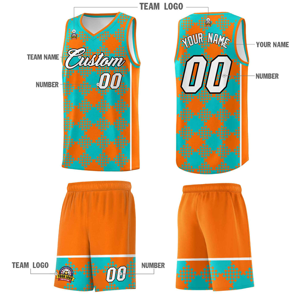 Custom Aqua Orange-White Grid Basketball Kits For Team