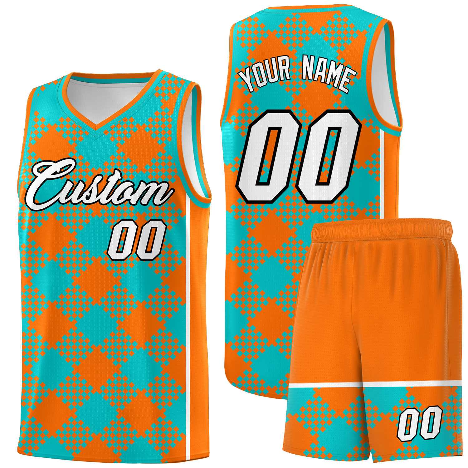 Custom Aqua Orange-White Grid Basketball Kits For Team