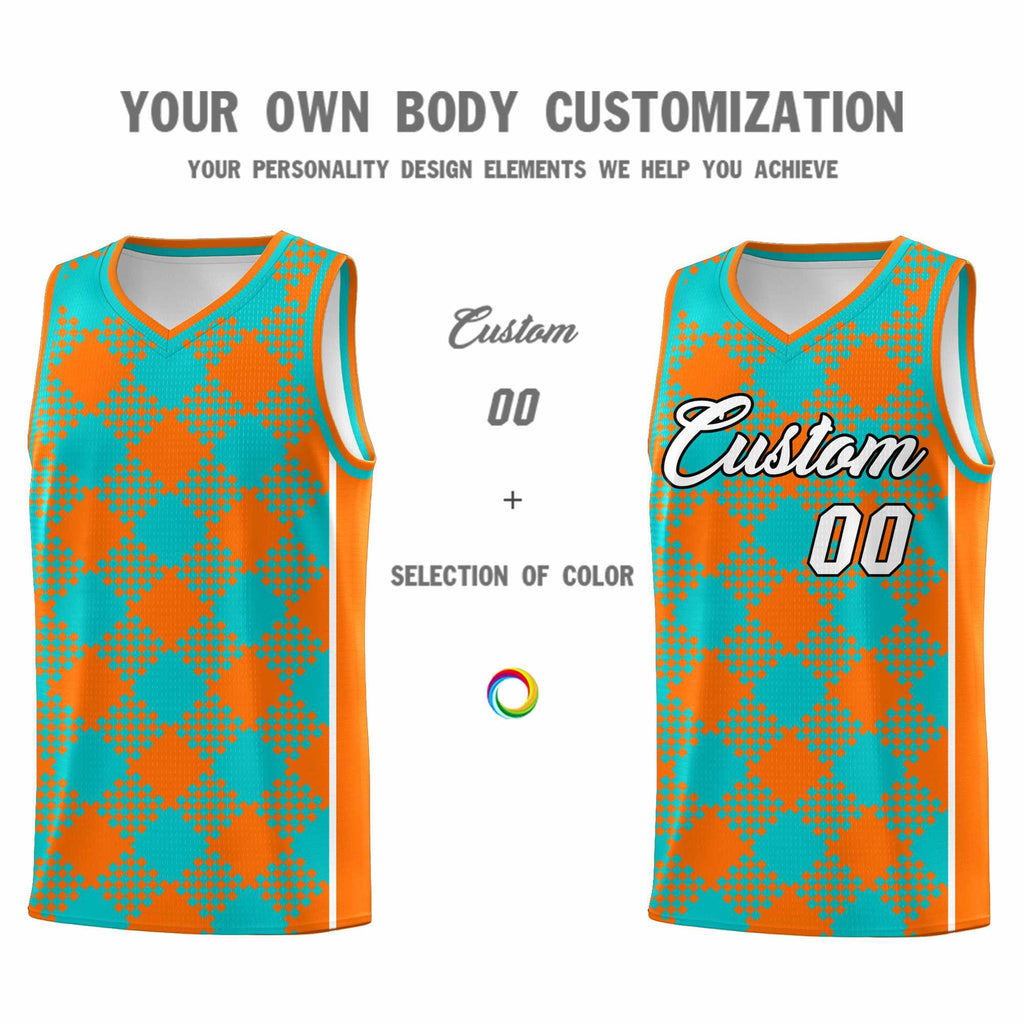 Custom Aqua Orange-White Grid Basketball Kits For Team