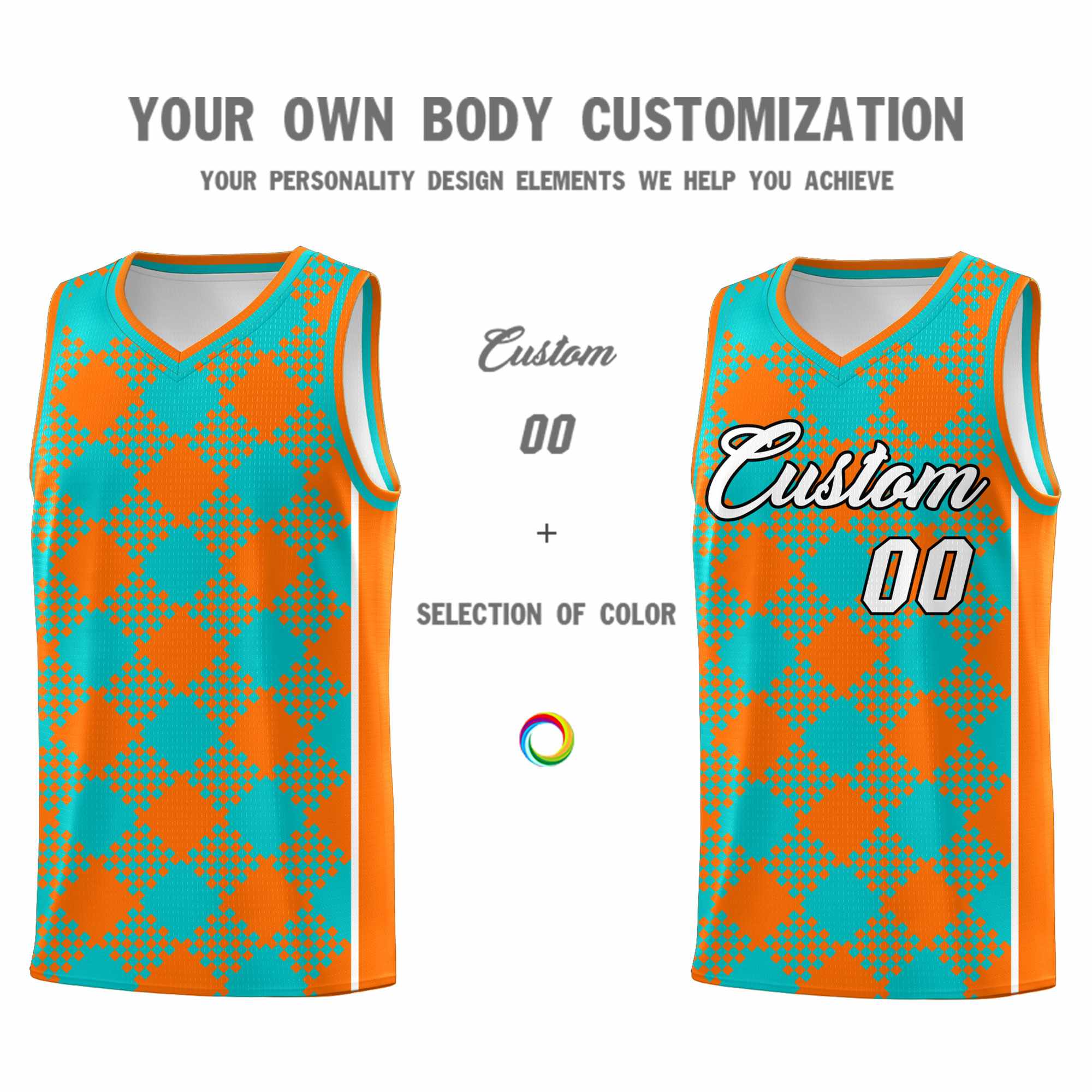 Custom Aqua Orange-White Grid Basketball Kits For Team
