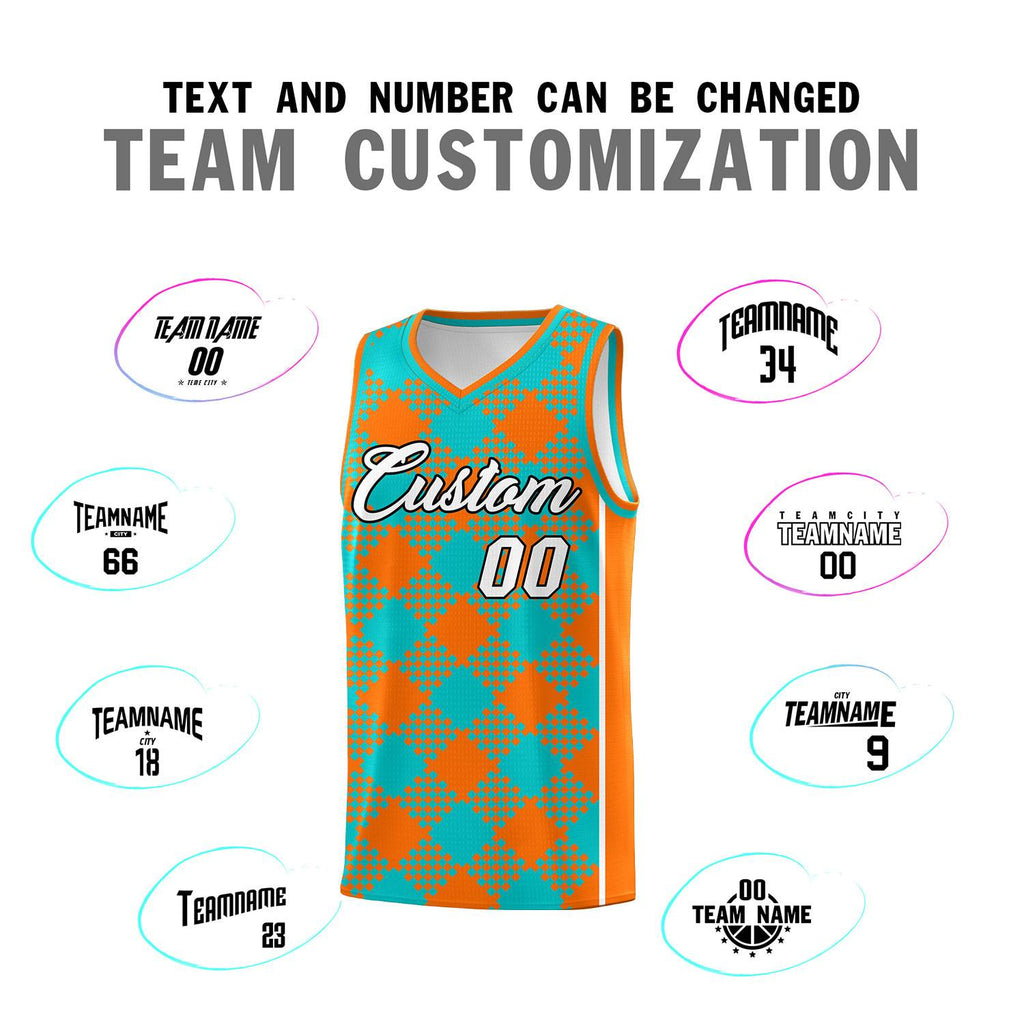 Custom Aqua Orange-White Grid Basketball Kits For Team